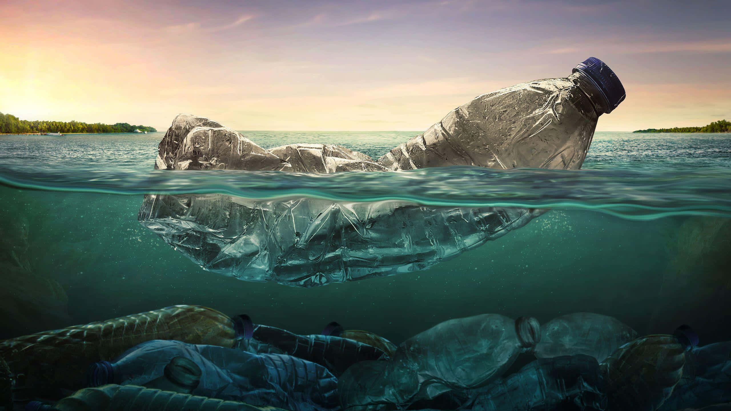 plastic bottle, submerged pile of trash, polluted ocean, 2K Desktop Wallpaper