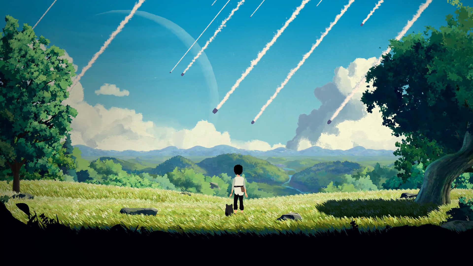 platform games, sunlit grassy hill, blue sky, Full HD Desktop Wallpaper