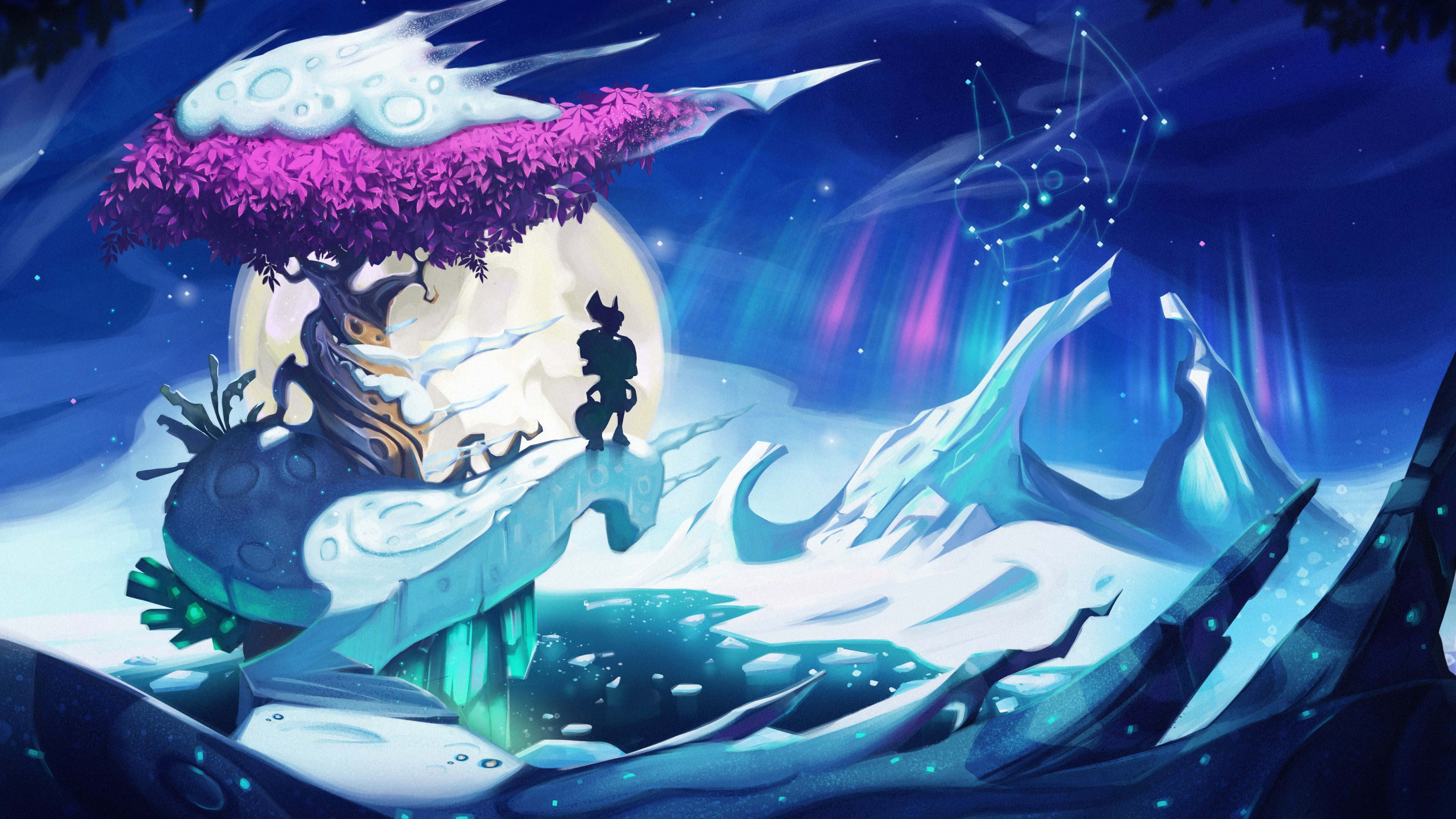 Platform Games, glowing purple tree, snowy cliff, 5K Desktop Wallpaper
