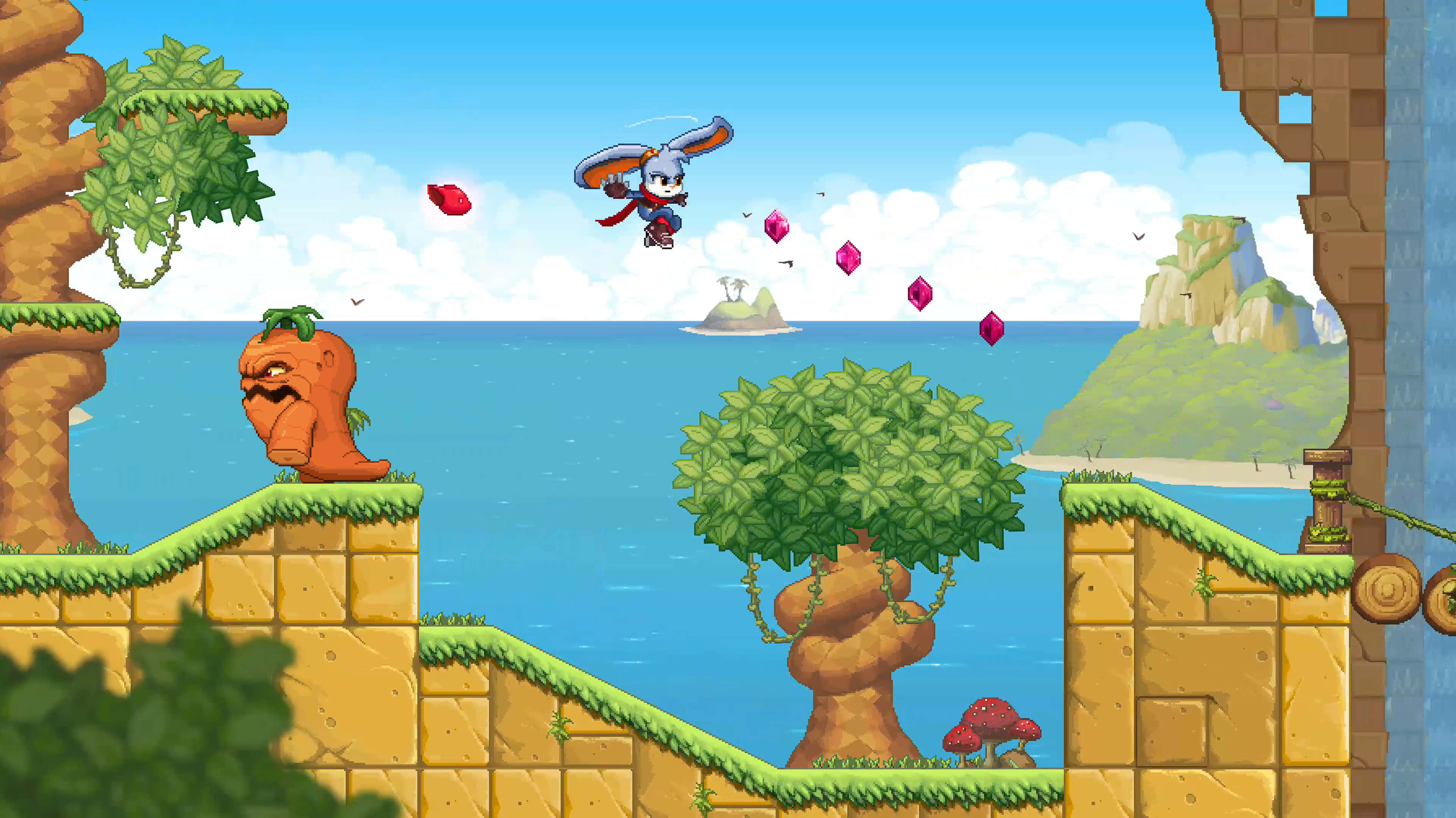 pixel-art rabbit, wings, stone platforms, 4K Desktop Wallpaper