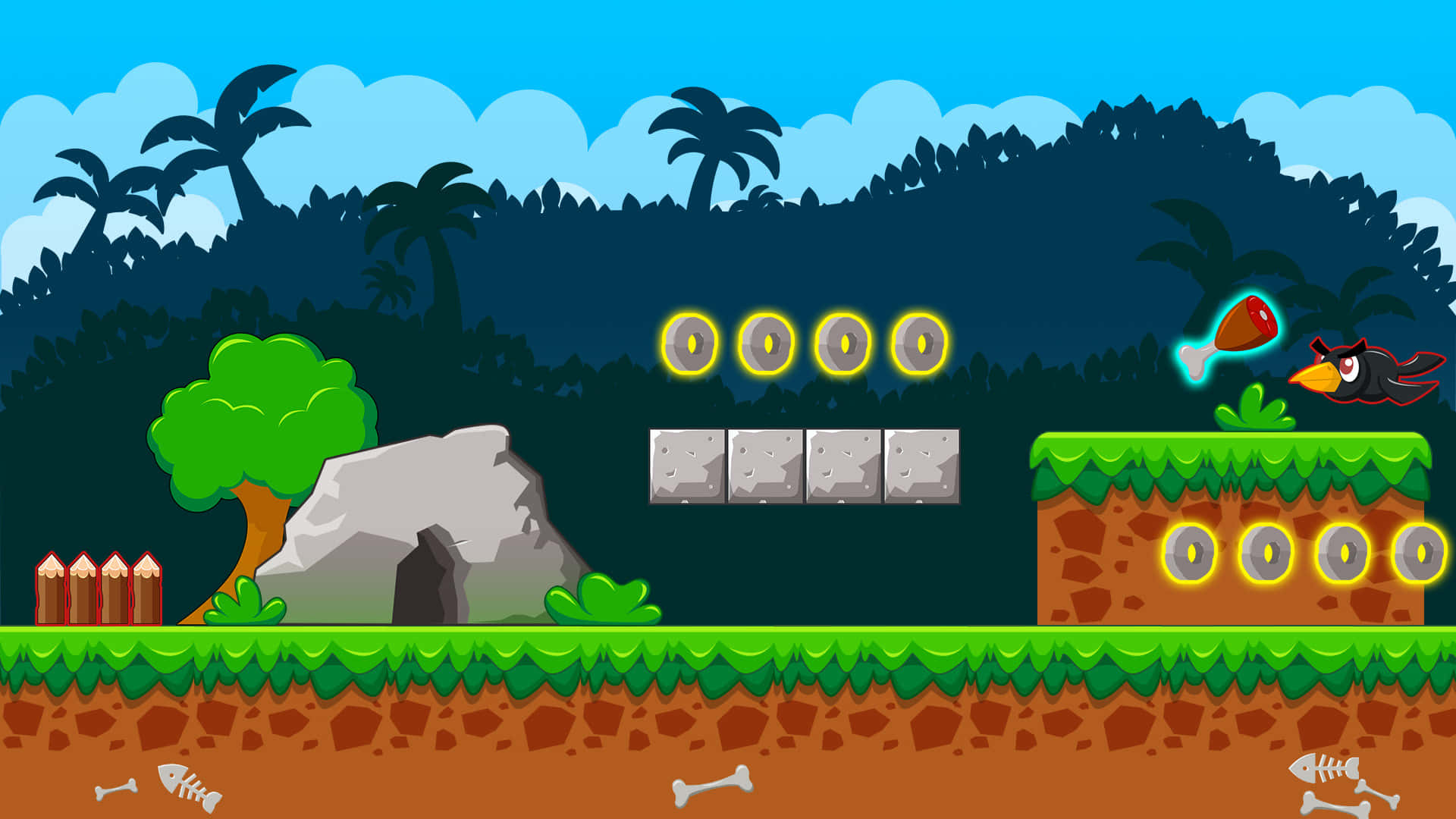 cartoon bird, glowing red worm, jungle platform game scene, Full HD Desktop Wallpaper
