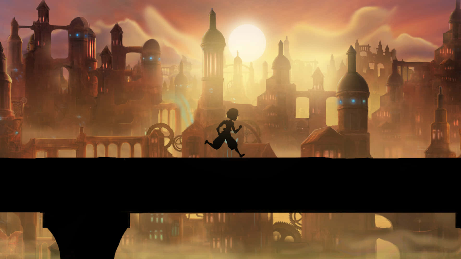 steampunk cityscape, golden sunset light, lone runner, Full HD Desktop Wallpaper