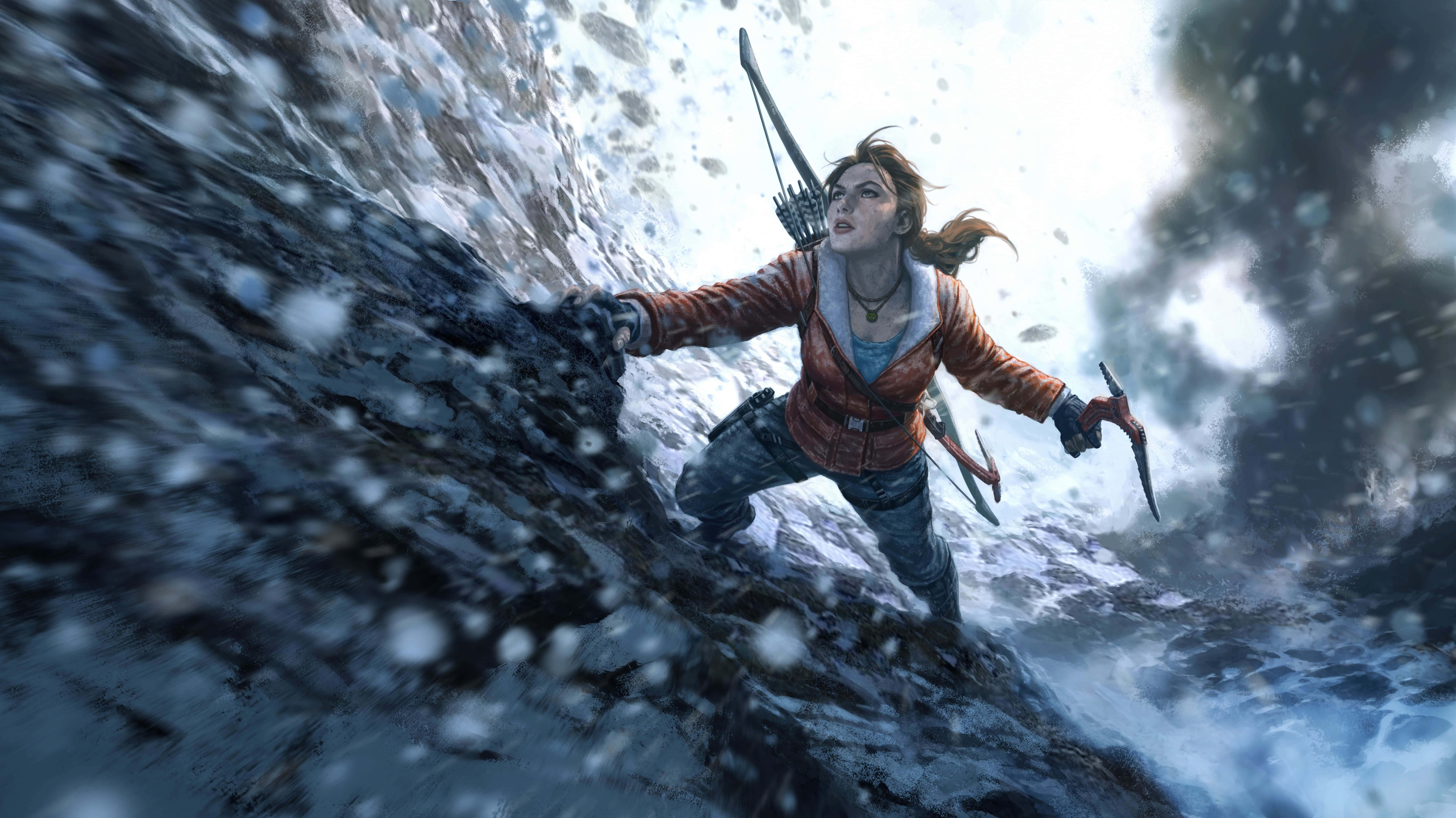 Platform Games, female climber, snowy cliff face, 8K Desktop Wallpaper