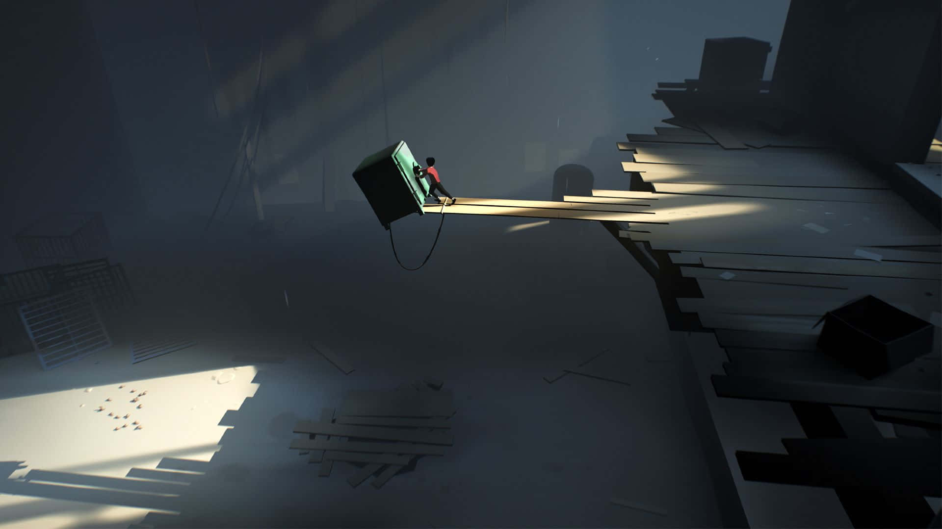 floating TV, abandoned industrial space, dramatic shafts of light, Full HD Desktop Wallpaper