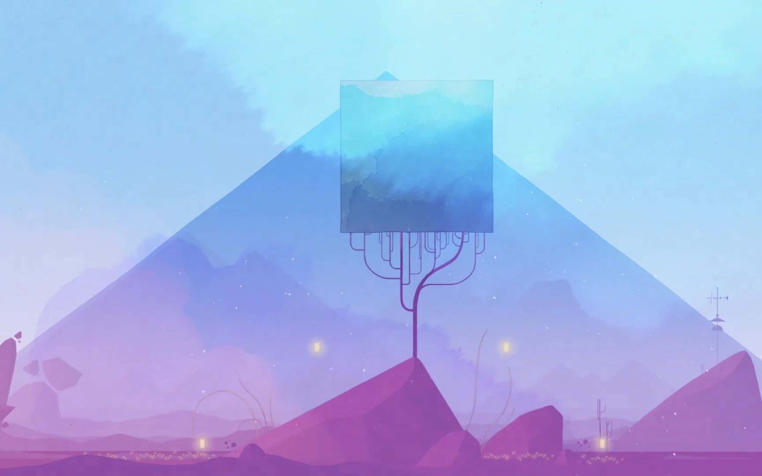 glowing blue square, purple mountain range, soft twilight sky, 2K Desktop Wallpaper