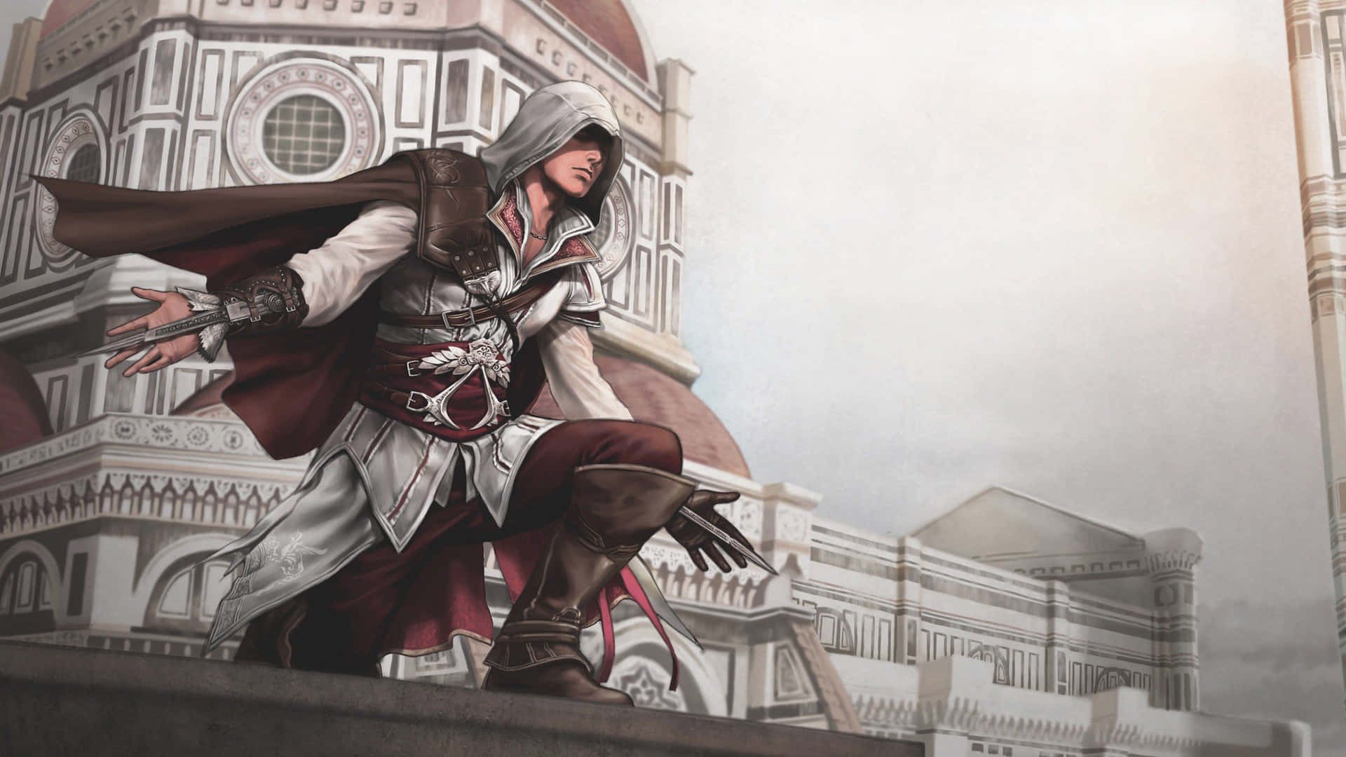 hooded assassin, red and white robes, Renaissance architecture, Full HD Desktop Wallpaper