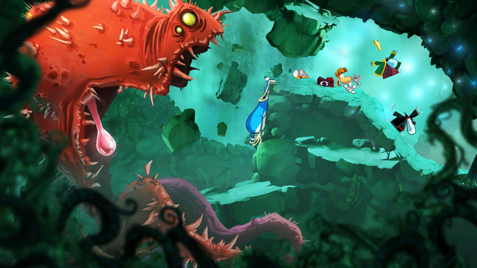 red monster, glowing eyes, teal cavern, Full HD Desktop Wallpaper