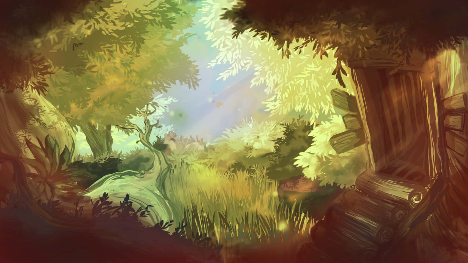 retro platform gaming, mossy forest floor, lush green trees, Full HD Desktop Wallpaper