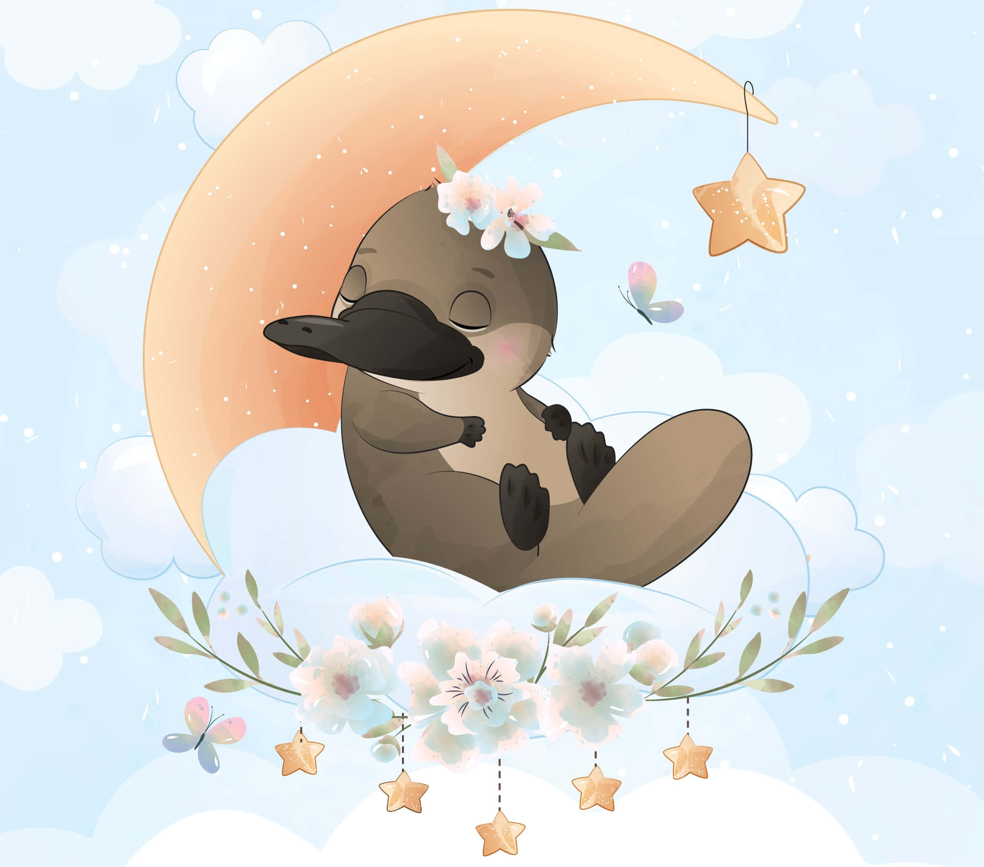 Dreamy Platypus, crescent moon, clouds, Full HD Desktop Wallpaper