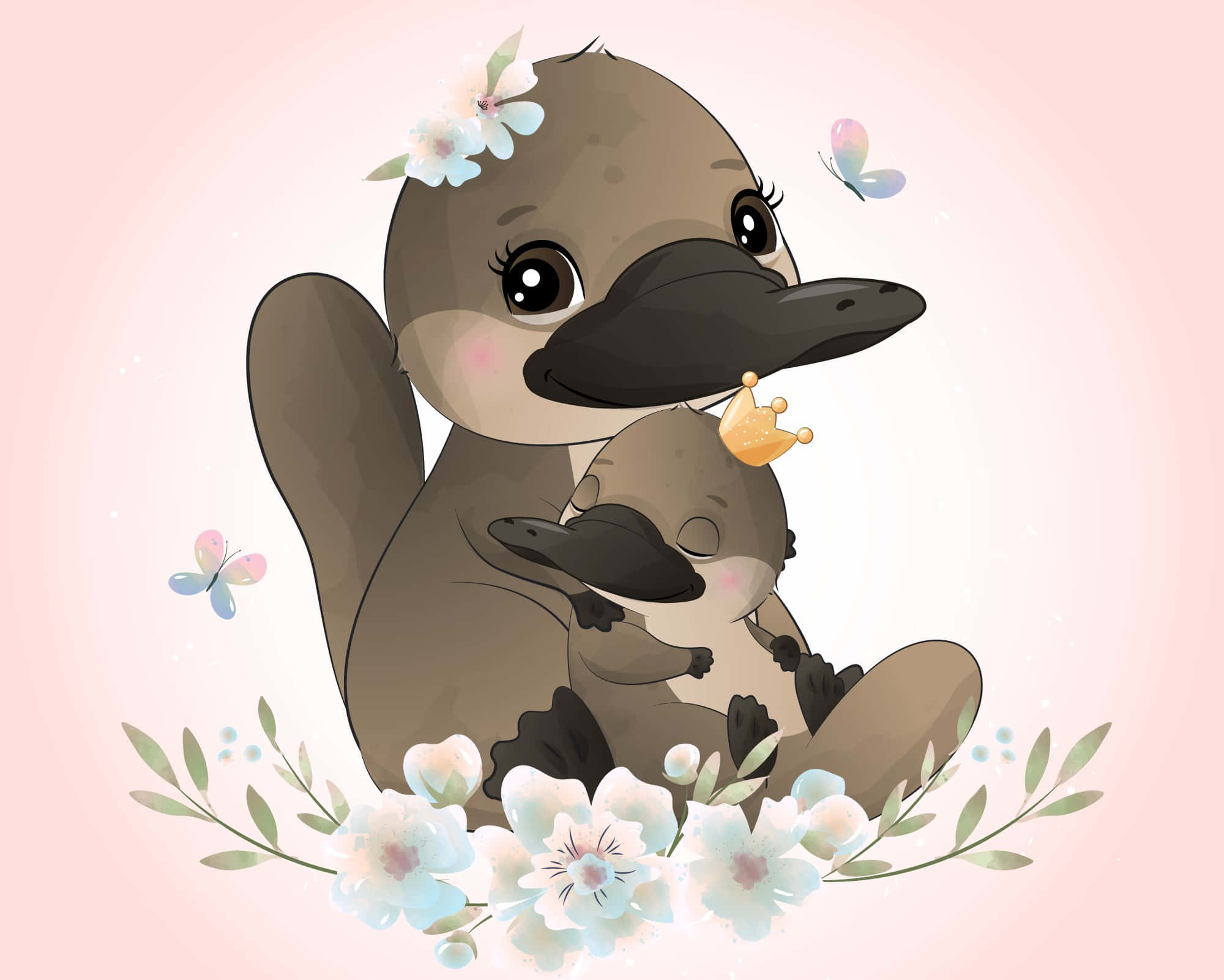 platypus mom, flower crown, baby platypus, Full HD Desktop Wallpaper