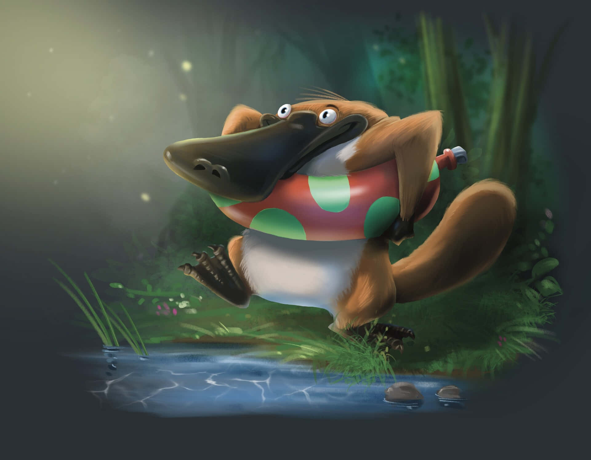 animated platypus, red and green lifebuoy, glowing stream, Full HD Desktop Wallpaper