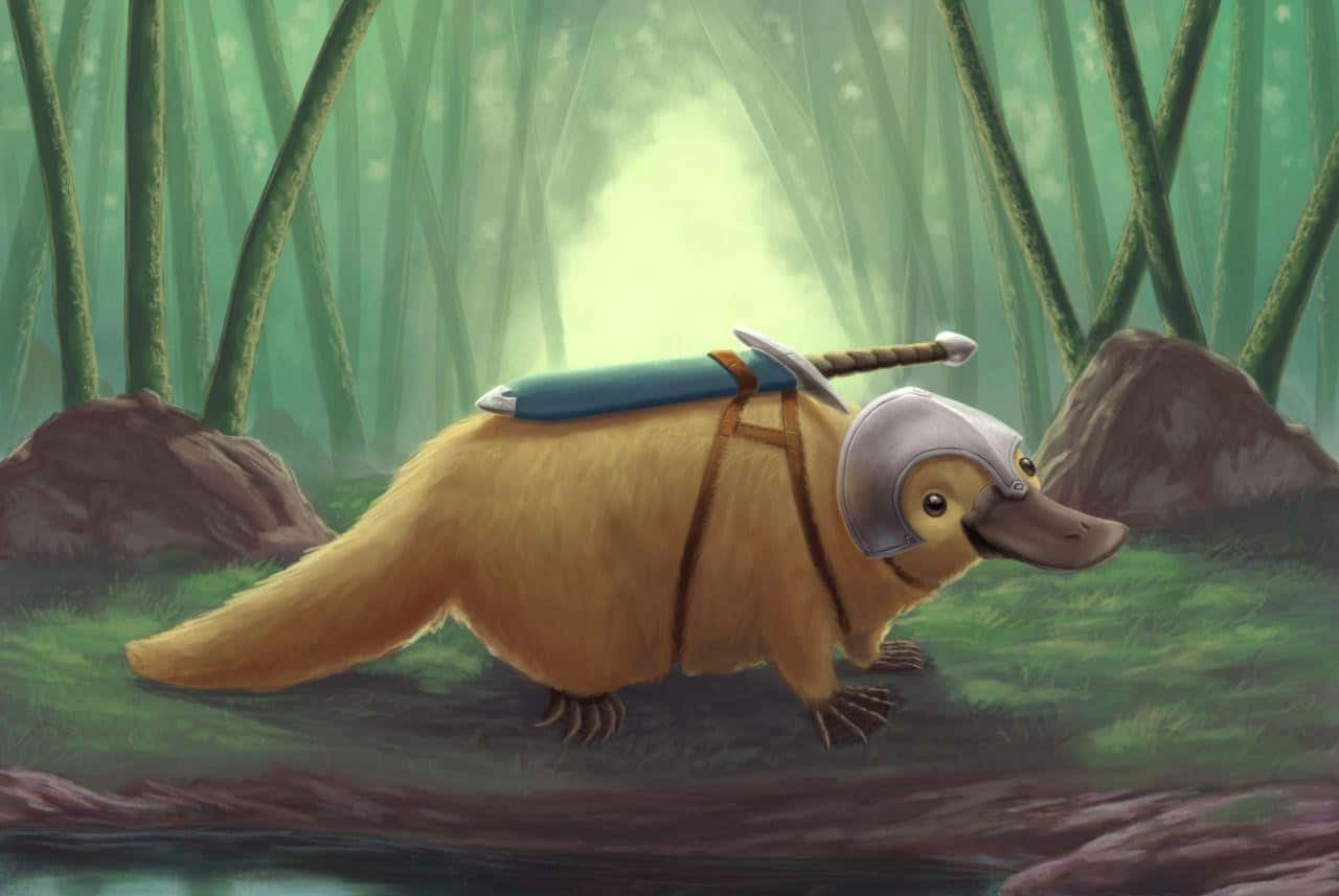 plump yellow platypus, silver helmet, blue sword sash, HD Desktop Wallpaper