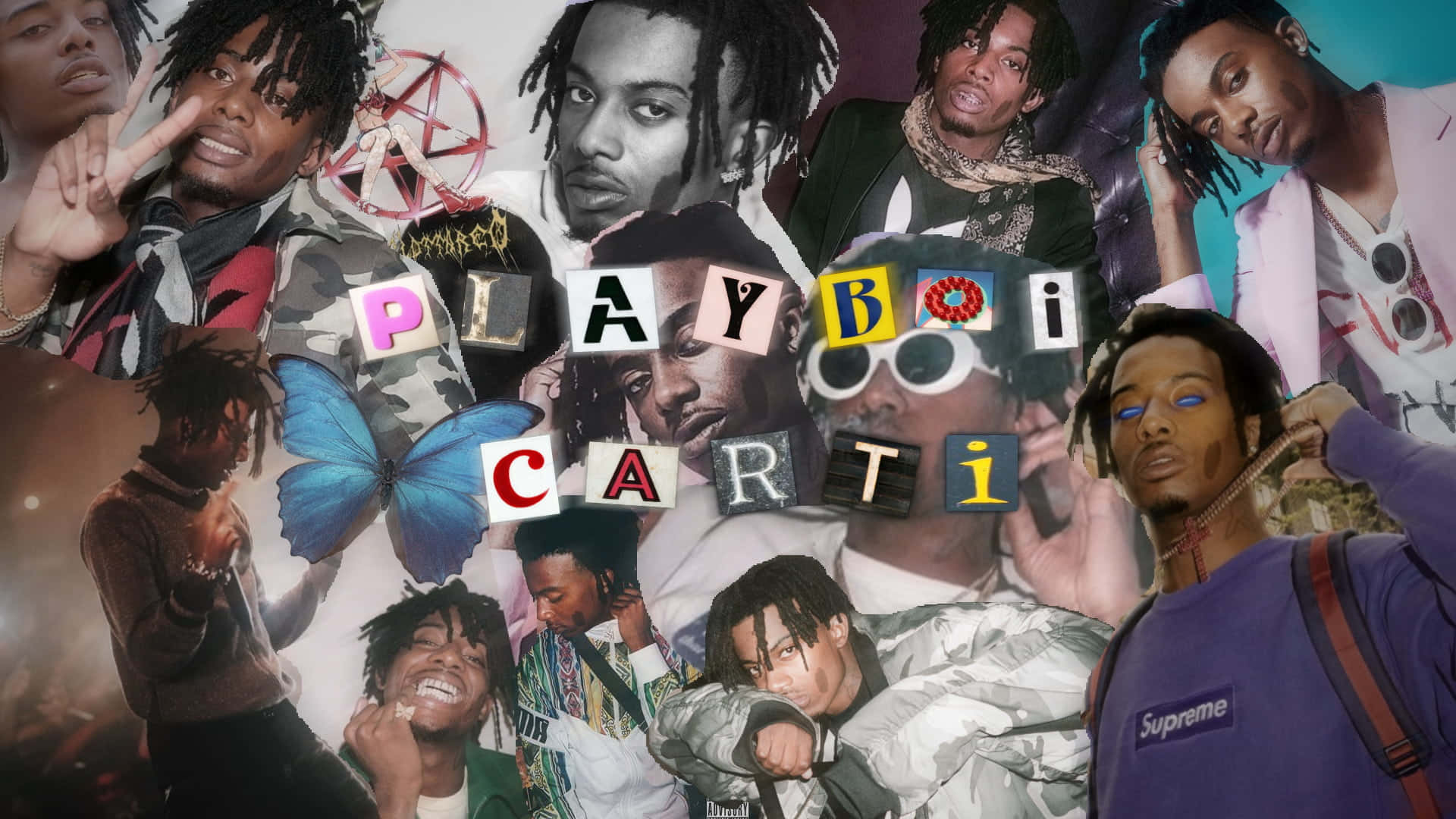 Playboi Carti, blue butterfly, bold lettering, Full HD Desktop Wallpaper