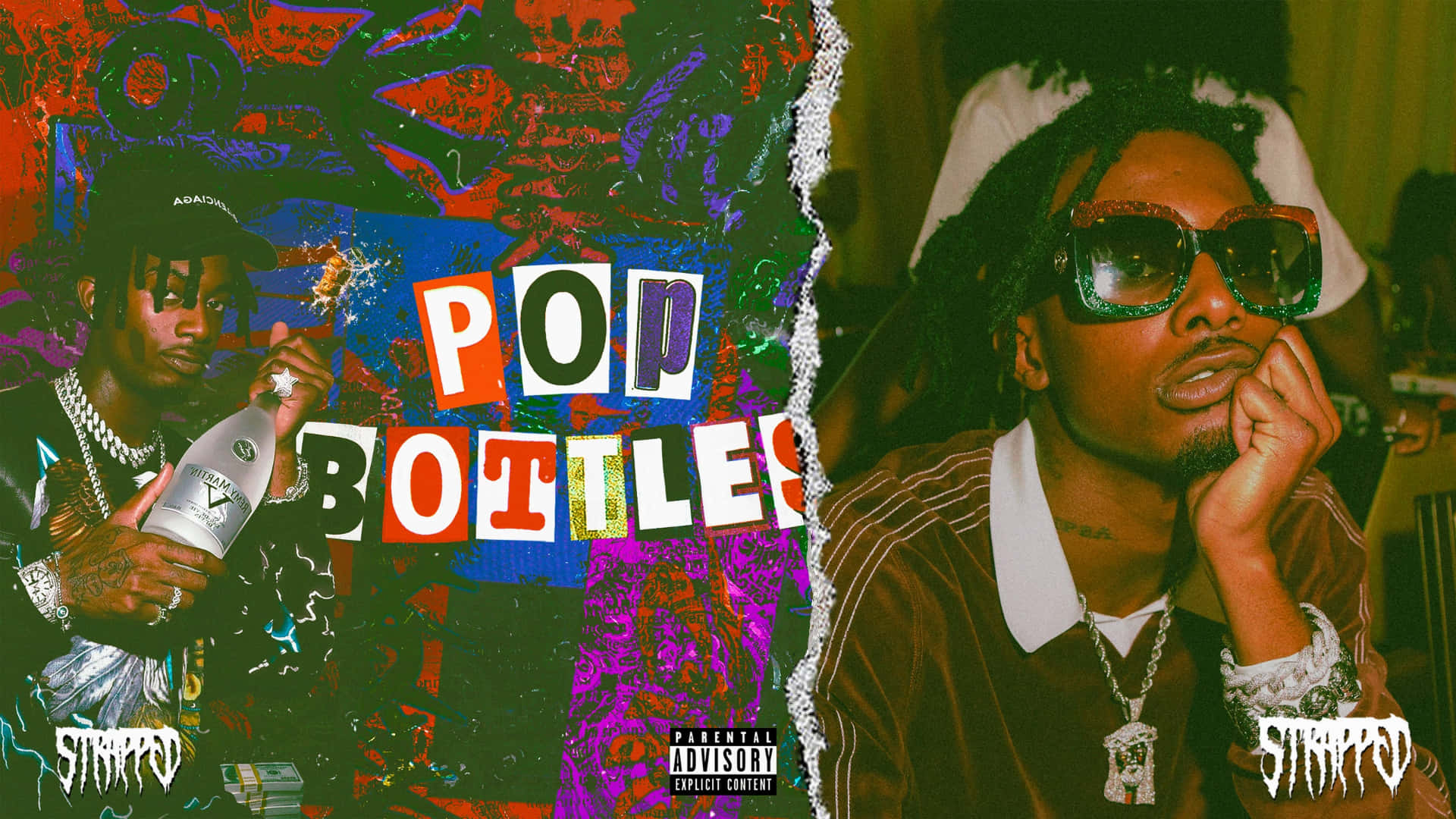 Playboi Carti, vibrant graffiti-style split background, POP BOTTLES, Full HD Desktop Wallpaper
