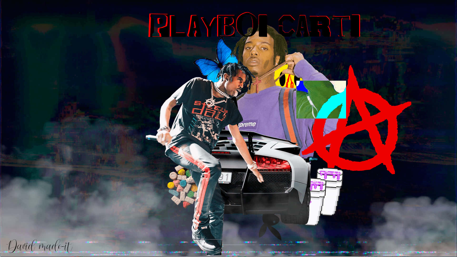 Playboi Carti, luxury car, bold red anarchy symbol, Full HD Desktop Wallpaper