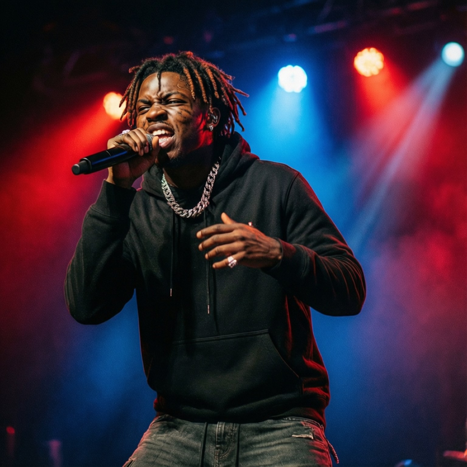 Playboi Carti, dreadlocks, vibrant red and blue spotlights, HD Desktop Wallpaper