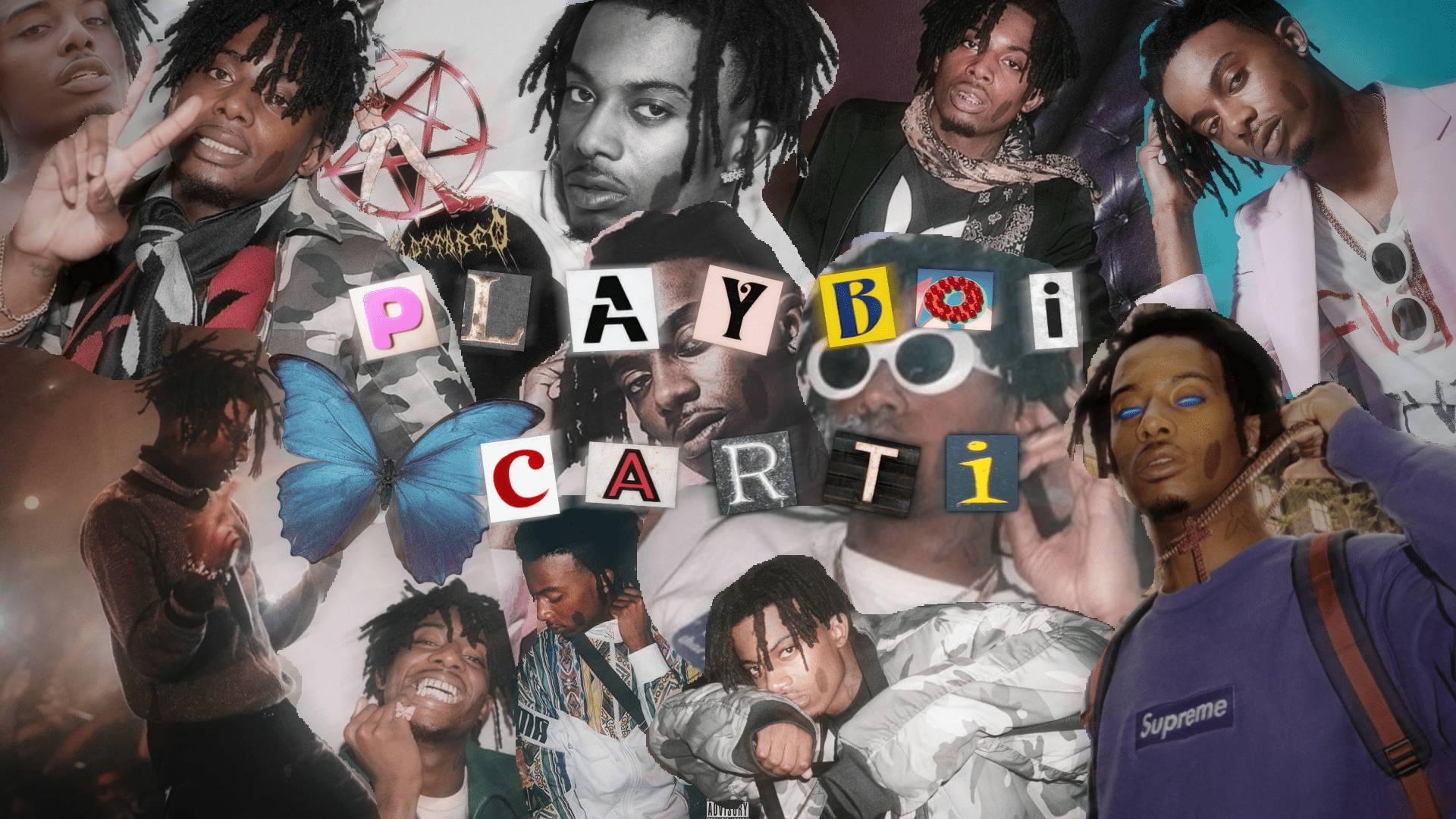 Playboi Carti, blue butterfly overlay, vibrant collage, Full HD Desktop Wallpaper
