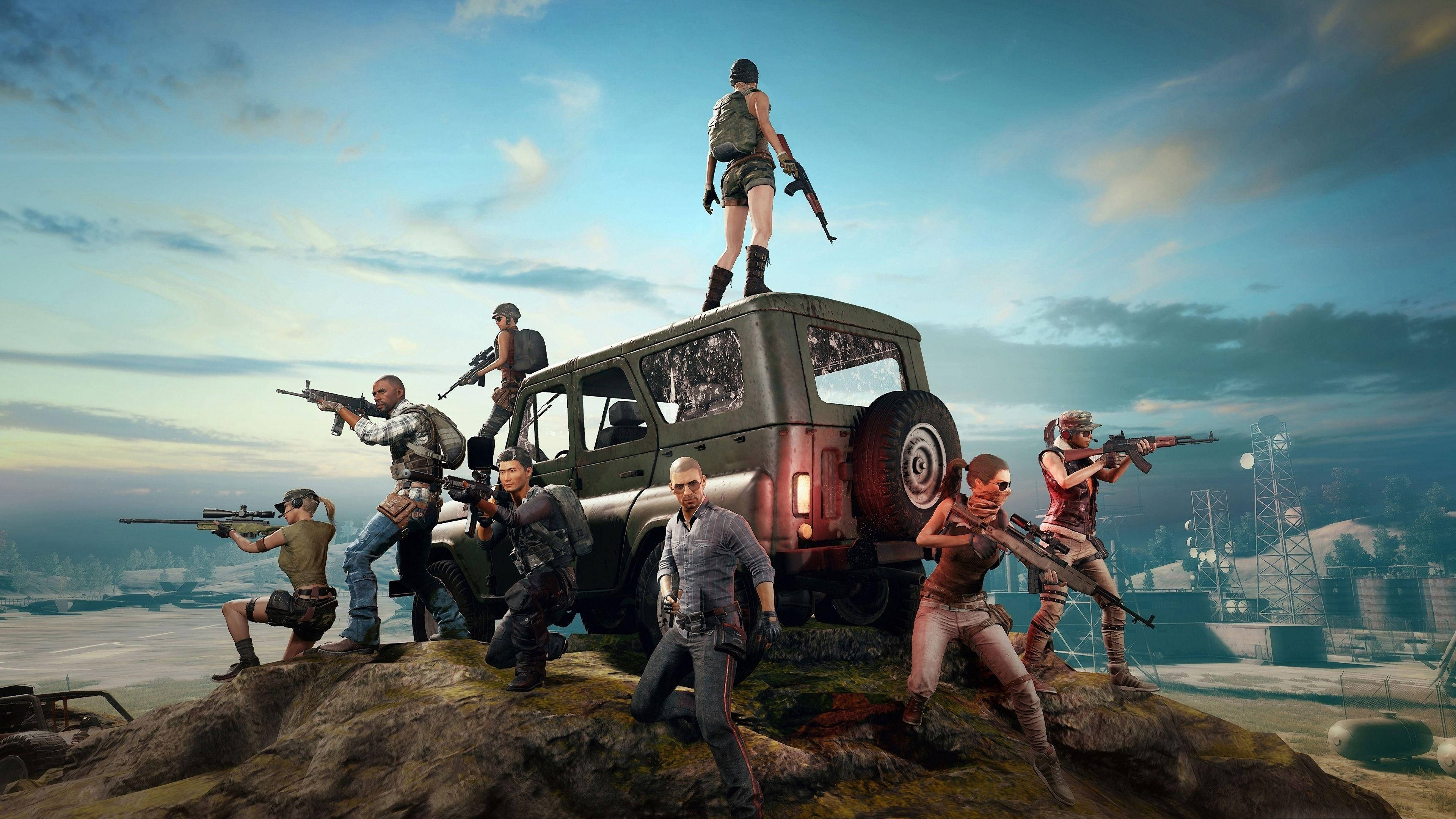Playerunknowns Battlegrounds 4K, squad, armed gamers, 4K Desktop Wallpaper