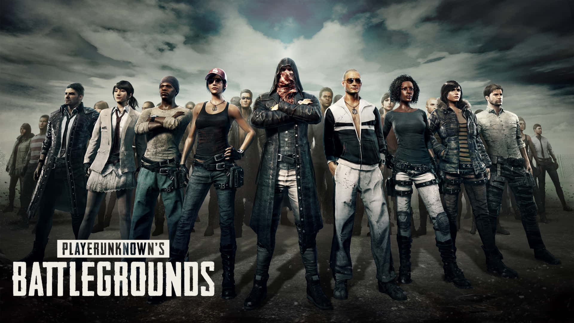 Playerunknowns Battlegrounds Logo, battle royale characters, stormy sky, Full HD Desktop Wallpaper