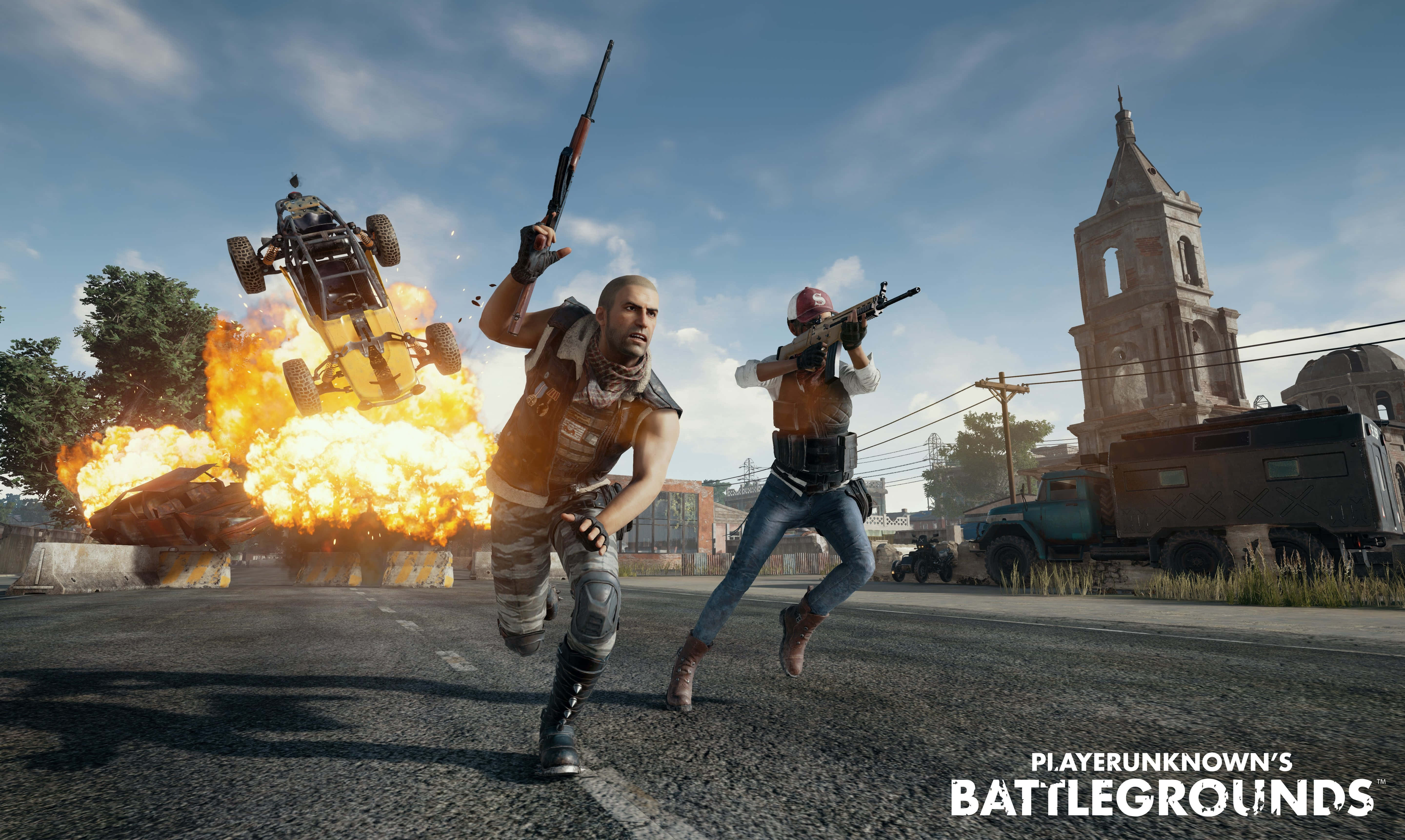 Playerunknowns Battlegrounds, logo, two armed players, 5K Desktop Wallpaper