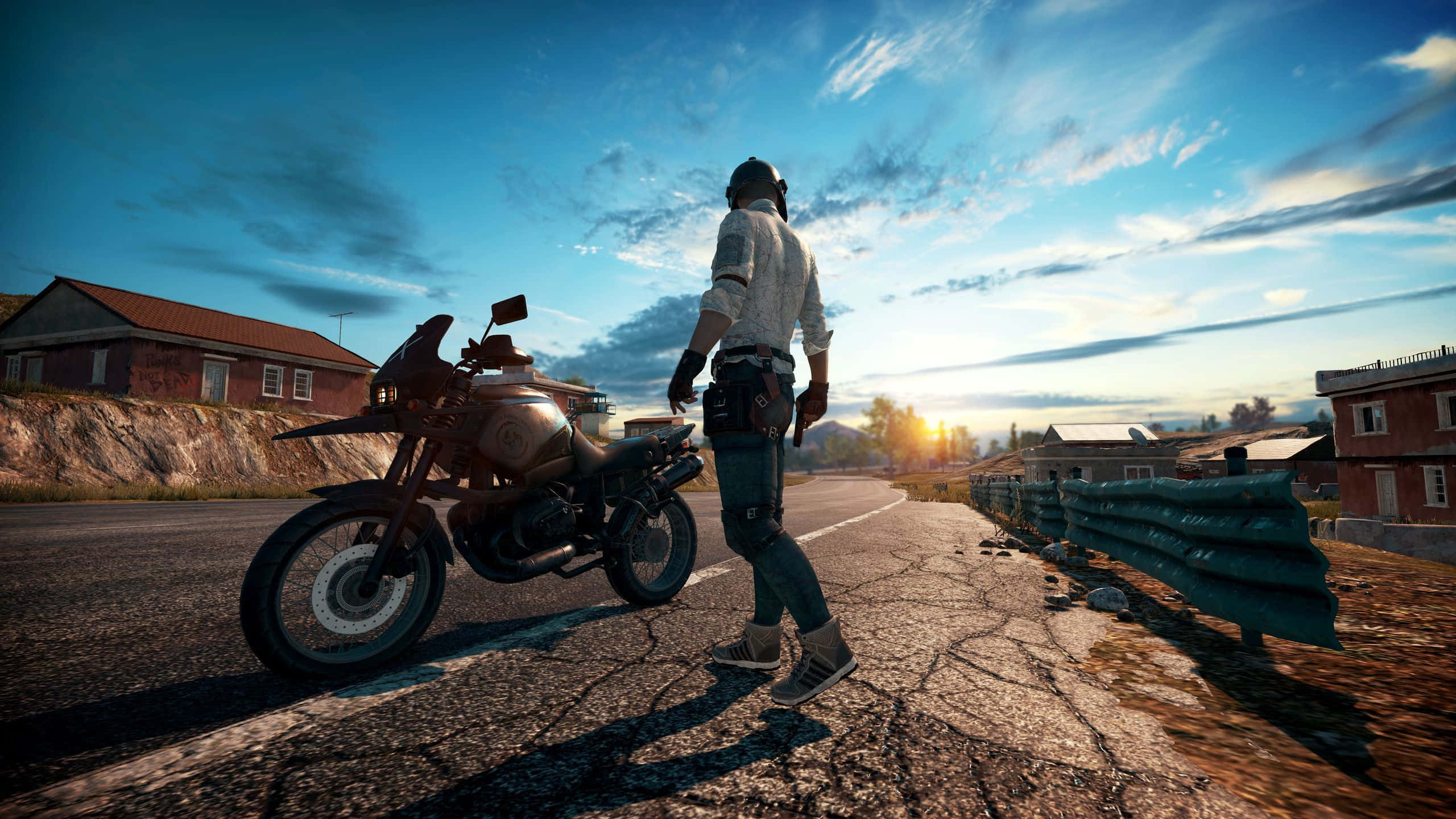 Playerunknowns Battlegrounds Logo, motorcycle, cracked road, 2K Desktop Wallpaper