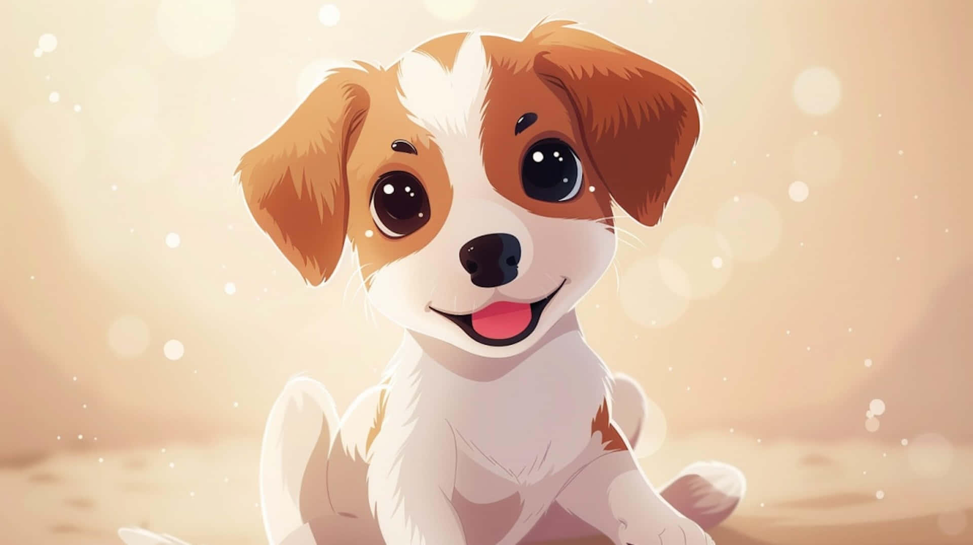 anime puppy, brown and white fur, soft golden bokeh background, Full HD Desktop Wallpaper