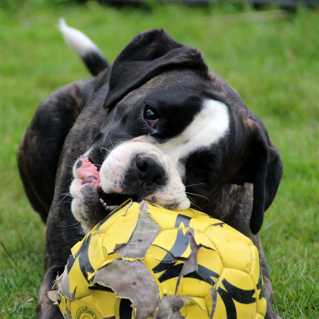 brindle boxer puppy, white muzzle, torn yellow and black soccer ball, SD Desktop Wallpaper