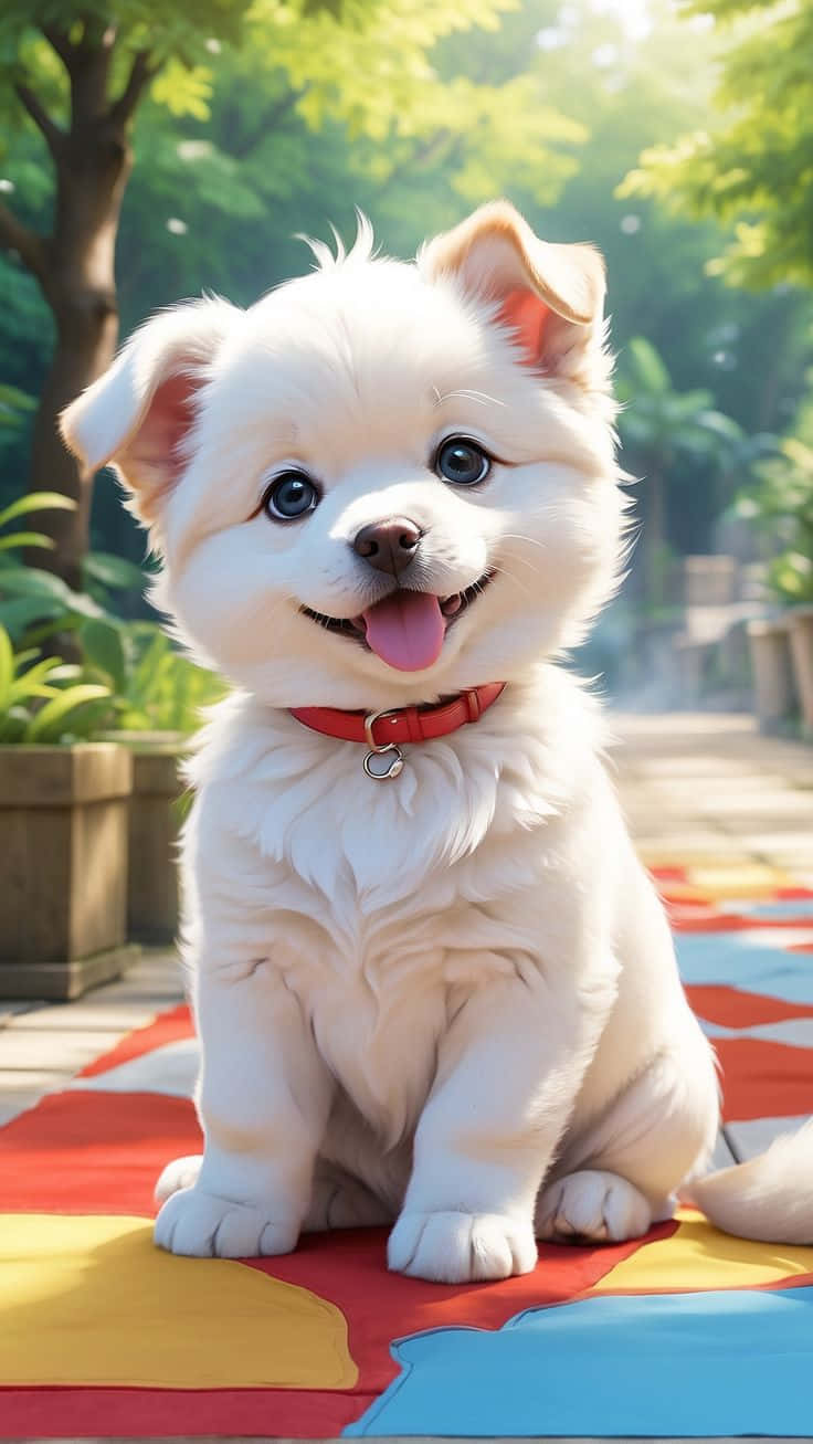 joyful puppy, sunlit garden, colorful rug, HD Phone Wallpaper