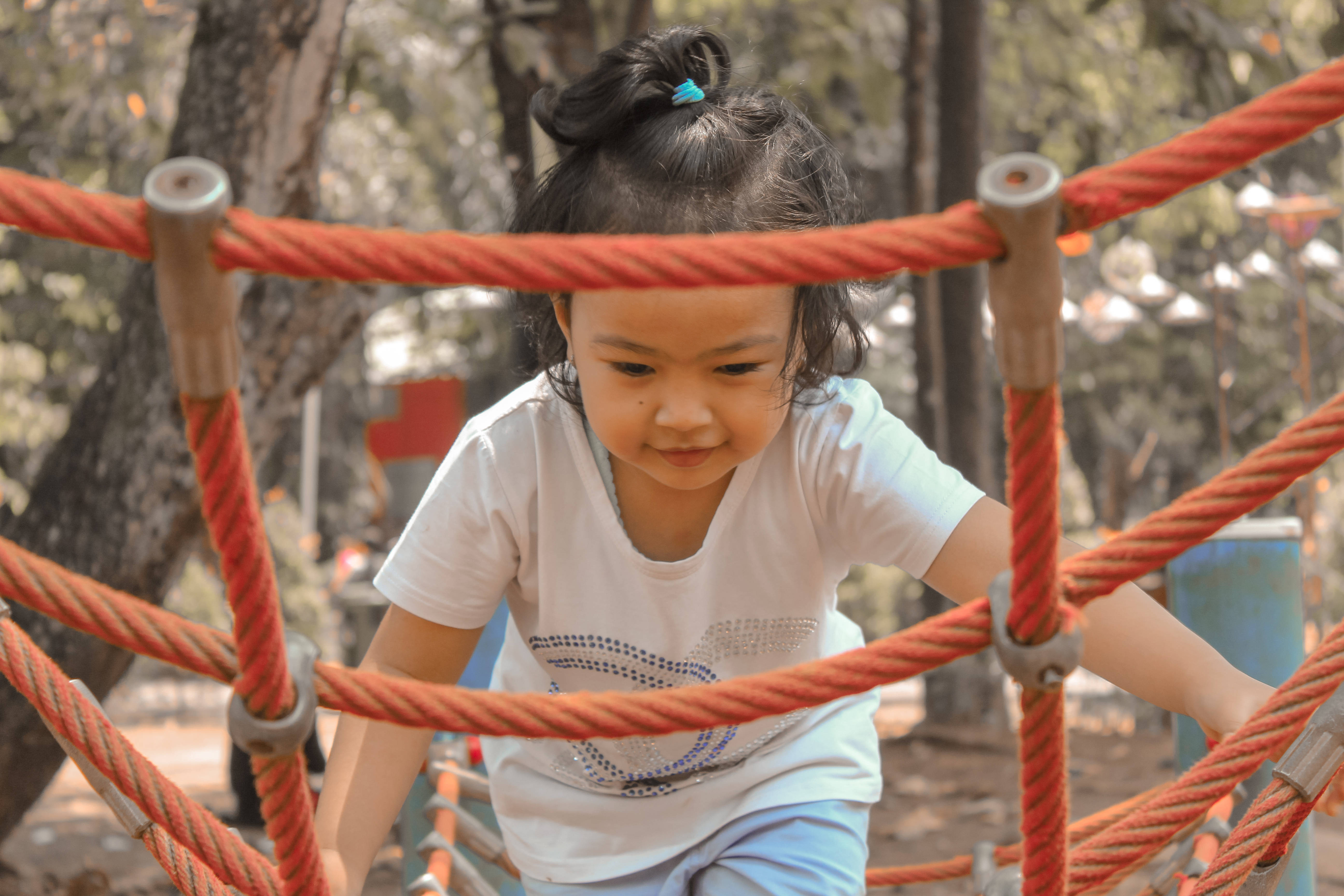 girl, white shirt, bright orange rope structure, 5K Desktop Wallpaper
