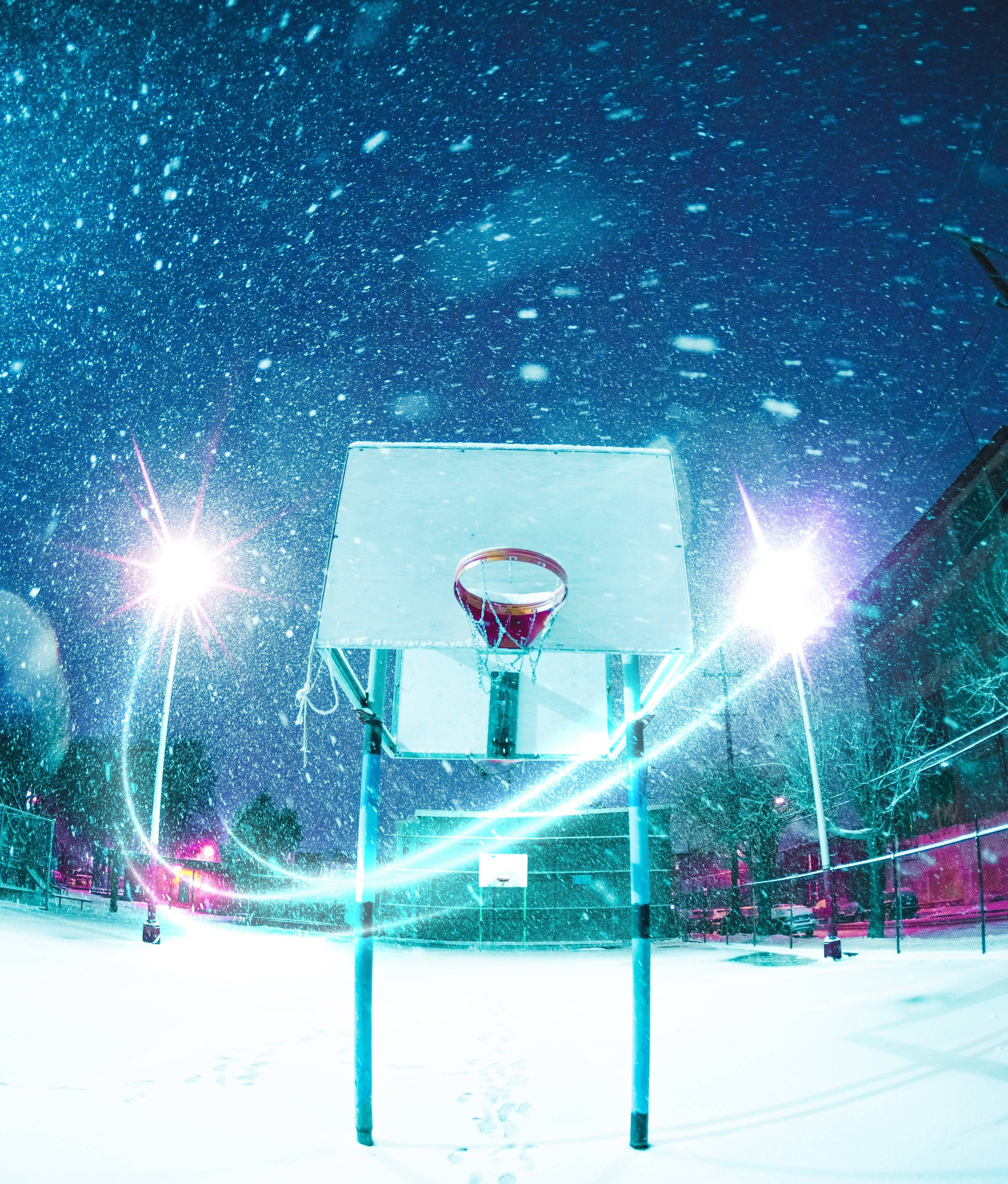 basketball hoop, snow-covered basketball court, night, 2K Phone Wallpaper