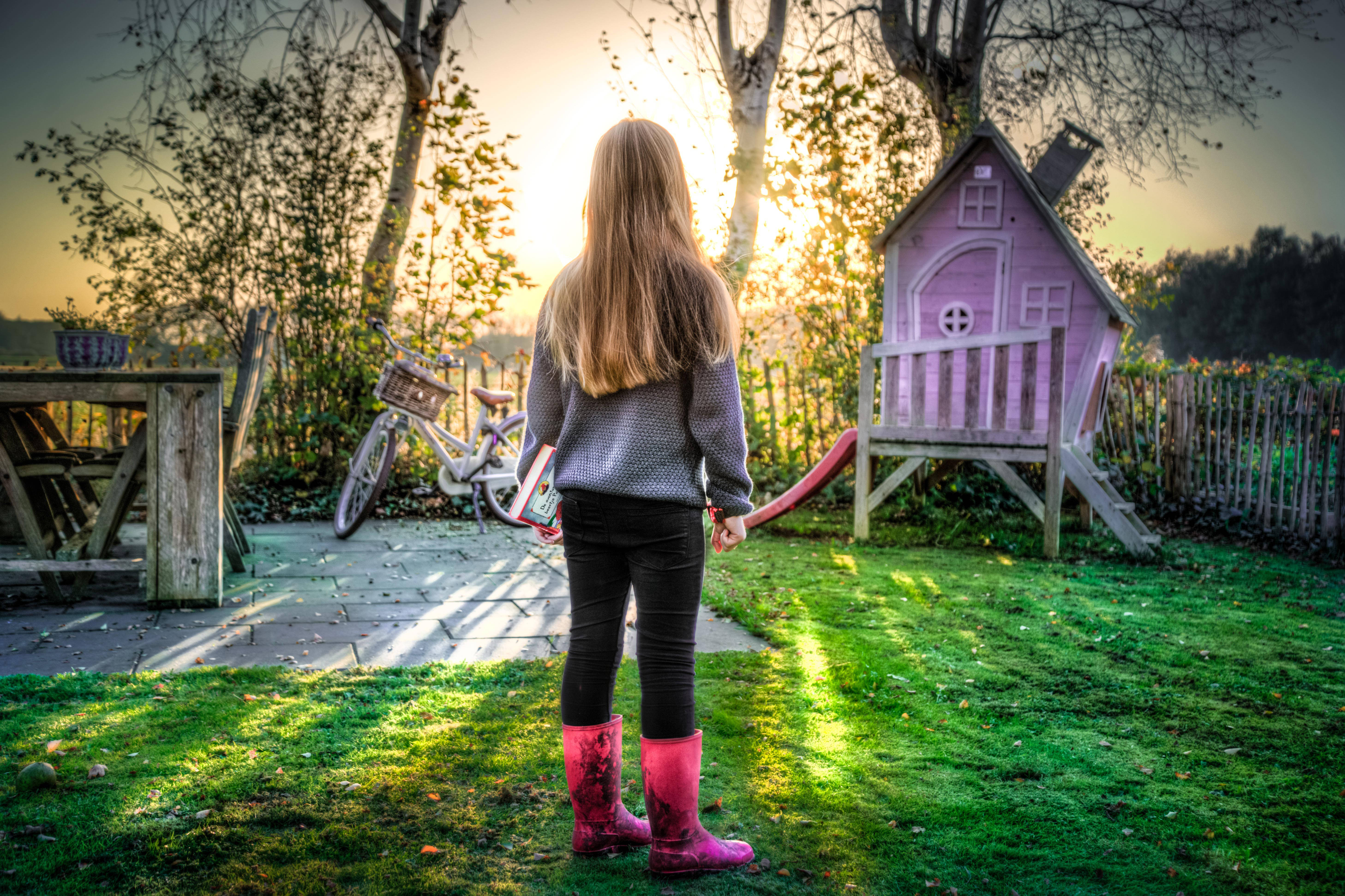 girl, backyard playground, sunlit garden, 5K Desktop Wallpaper