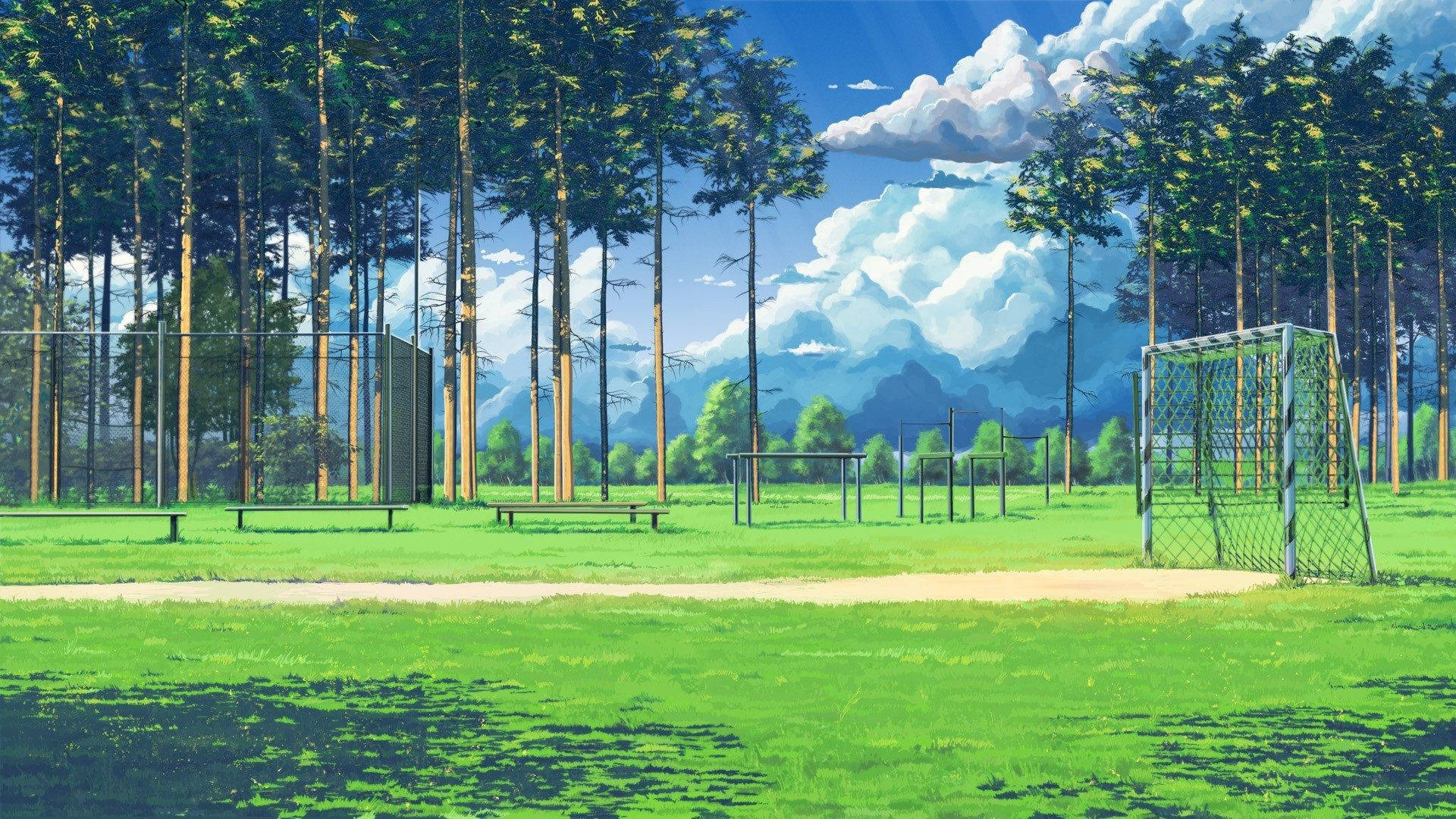 anime-style soccer field, tall trees, mountains, Full HD Desktop Wallpaper