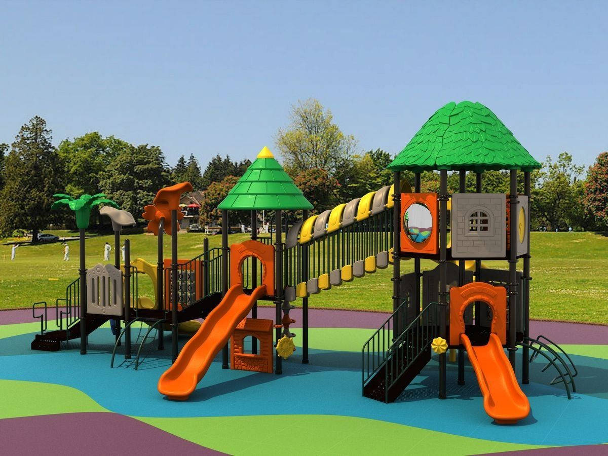 playground slide set, orange slides, green roofs, SD Desktop Wallpaper