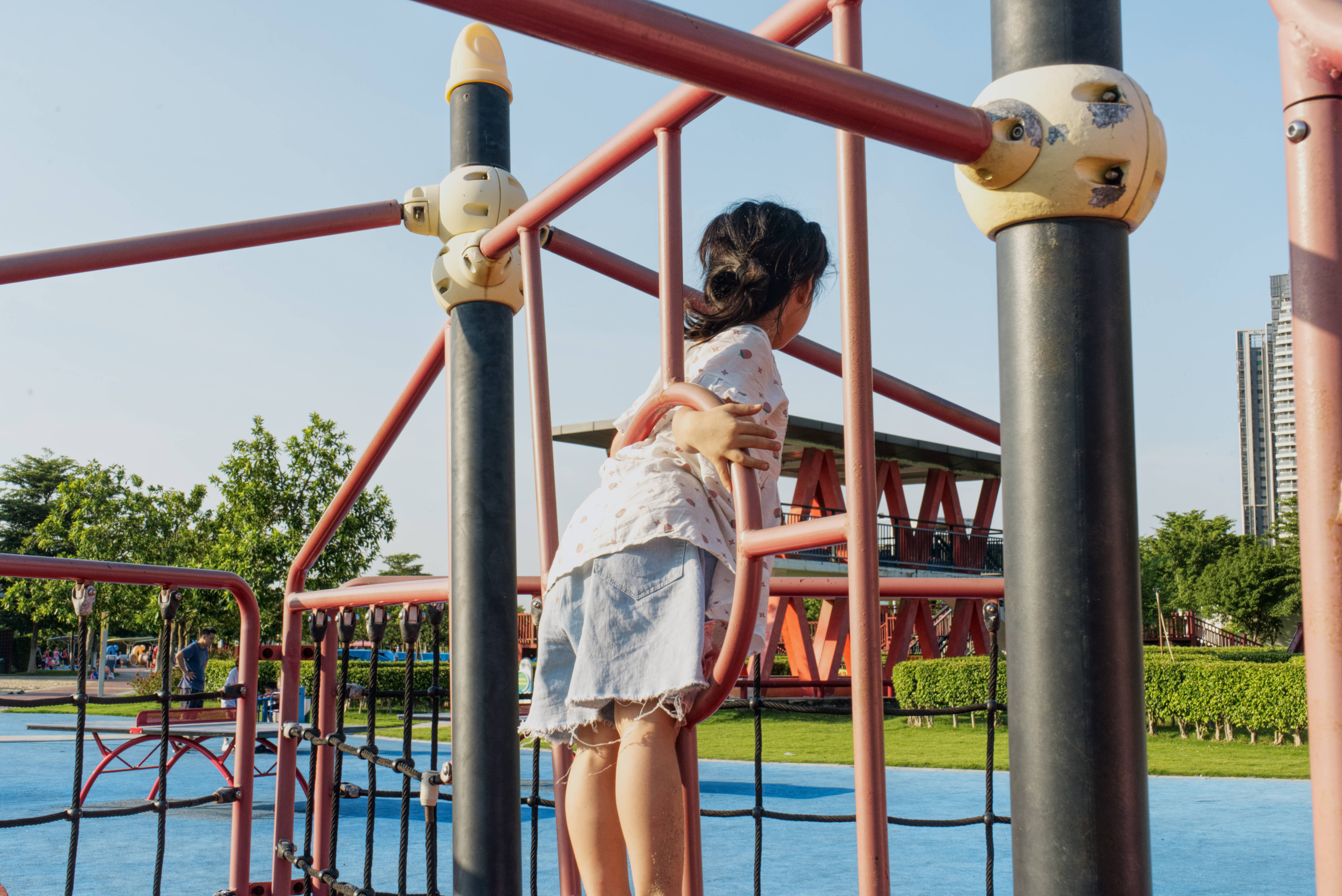 playground climbers, red playground structure, bright daylight, 5K Desktop Wallpaper