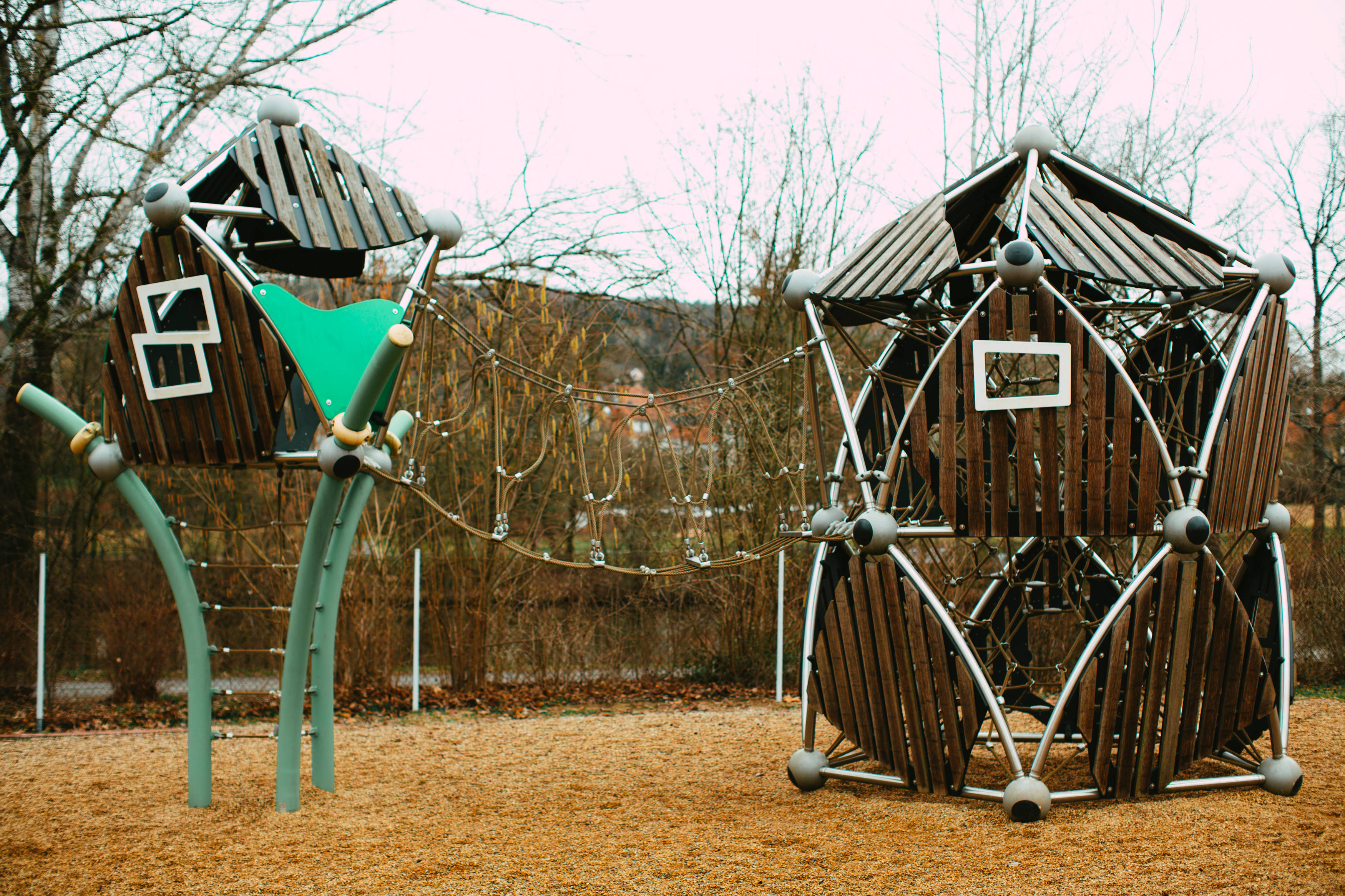 wooden playground house, green slides, rope bridges, 2K Desktop Wallpaper