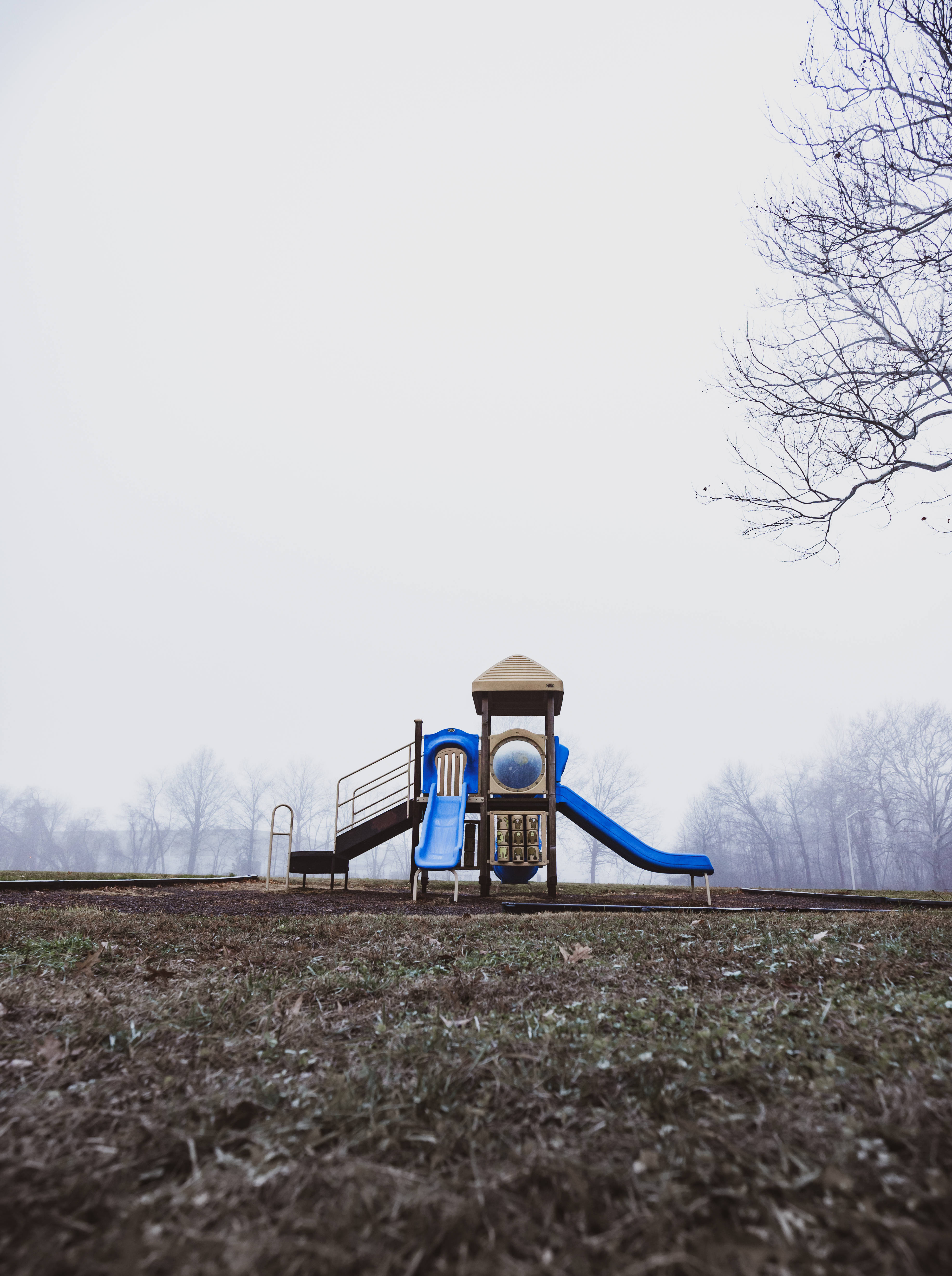 Playground Double Slide, blue slide, misty field, 5K Phone Wallpaper