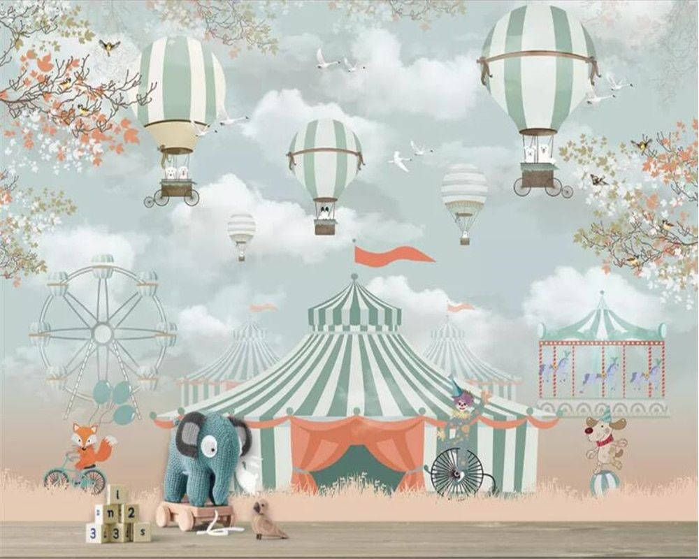 pastel playground art, whimsical circus scene, striped tents, SD Desktop Wallpaper