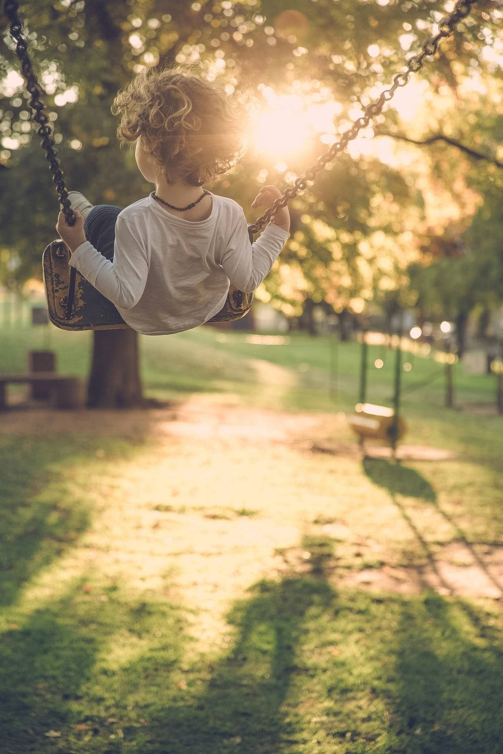 playground swing, golden sunlight, autumn trees, HD Phone Wallpaper
