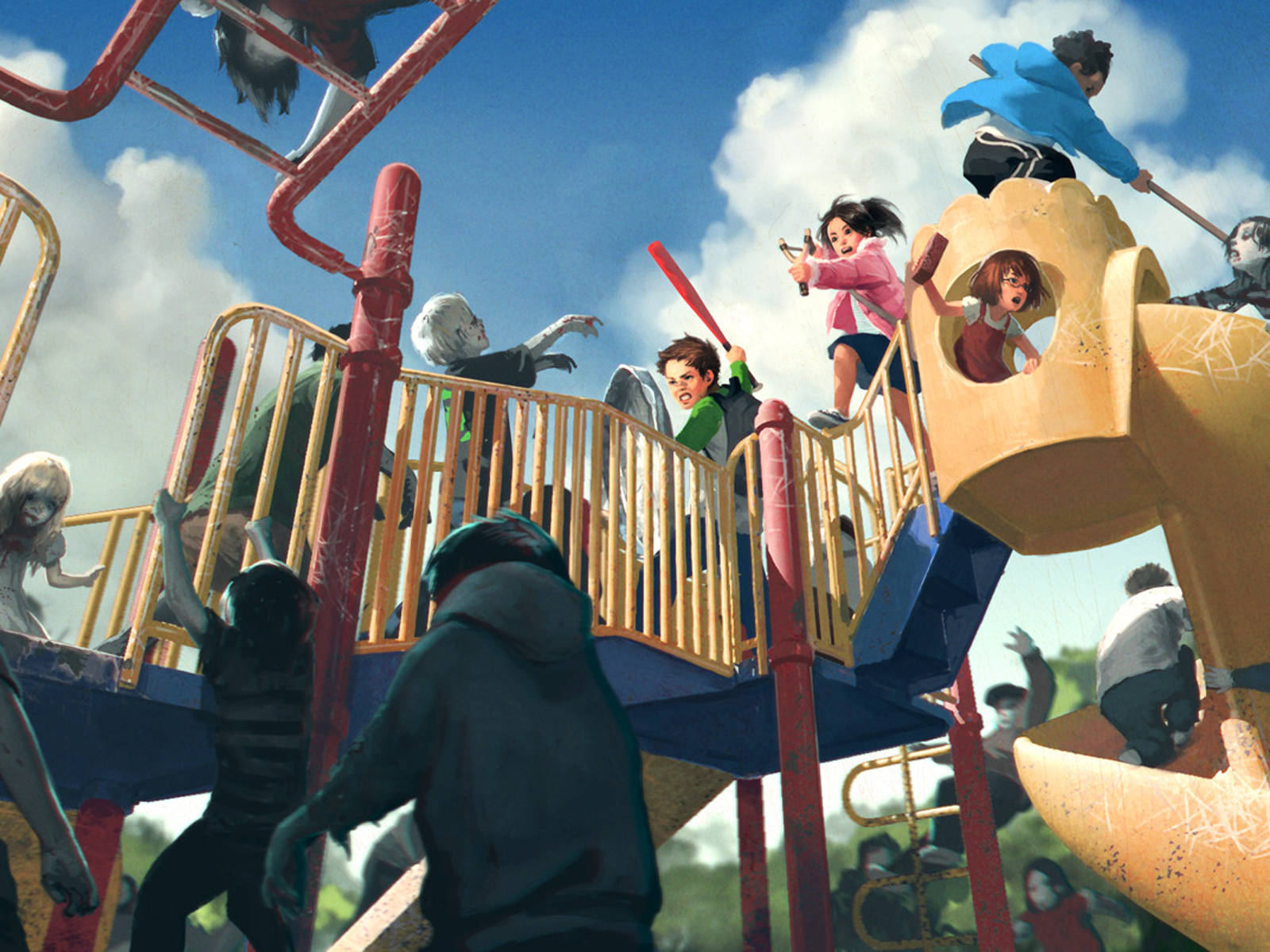 Playground, zombie-like figures, colorful playground, HD Desktop Wallpaper