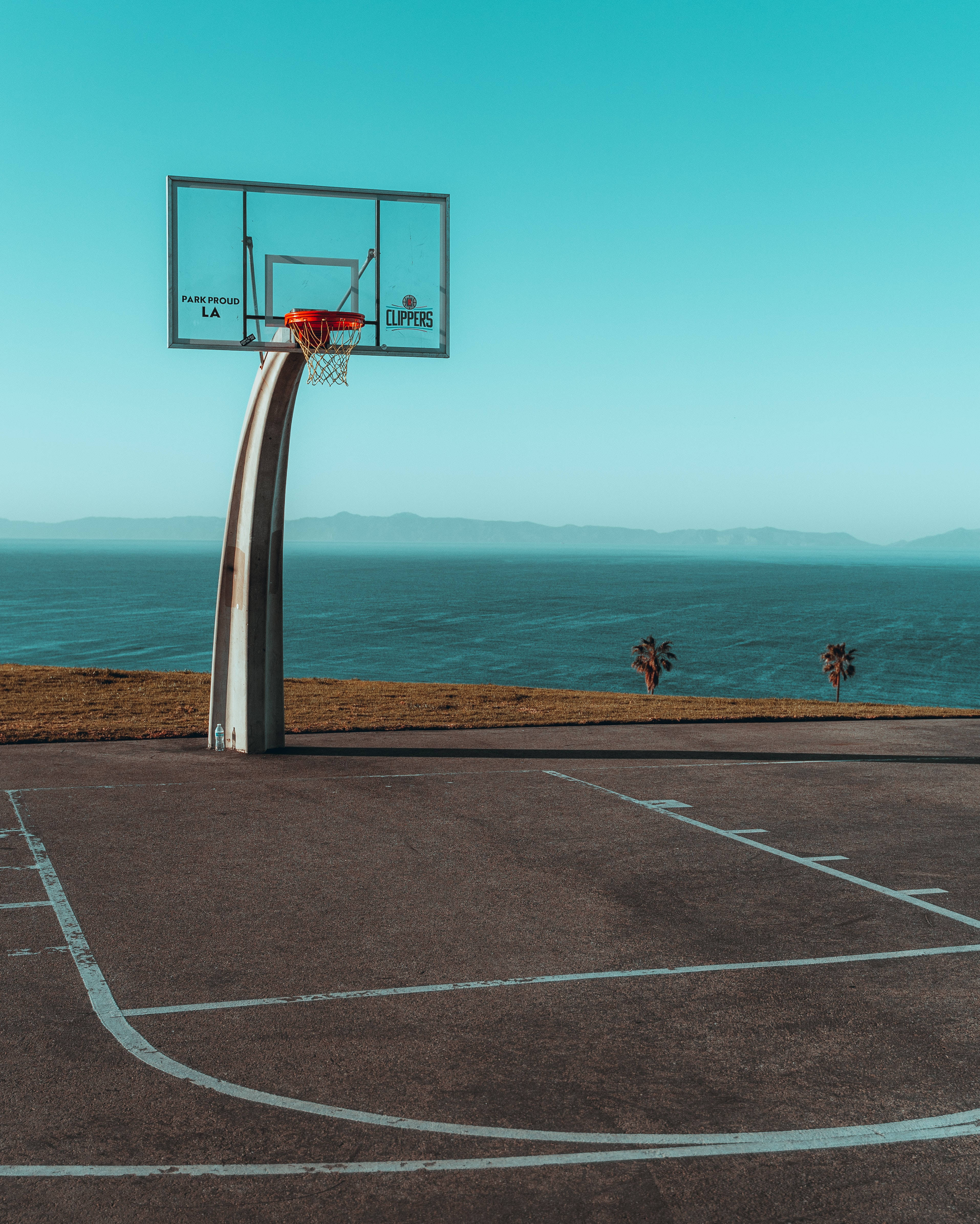 basketball hoop, coastal court, ocean, 4K Phone Wallpaper