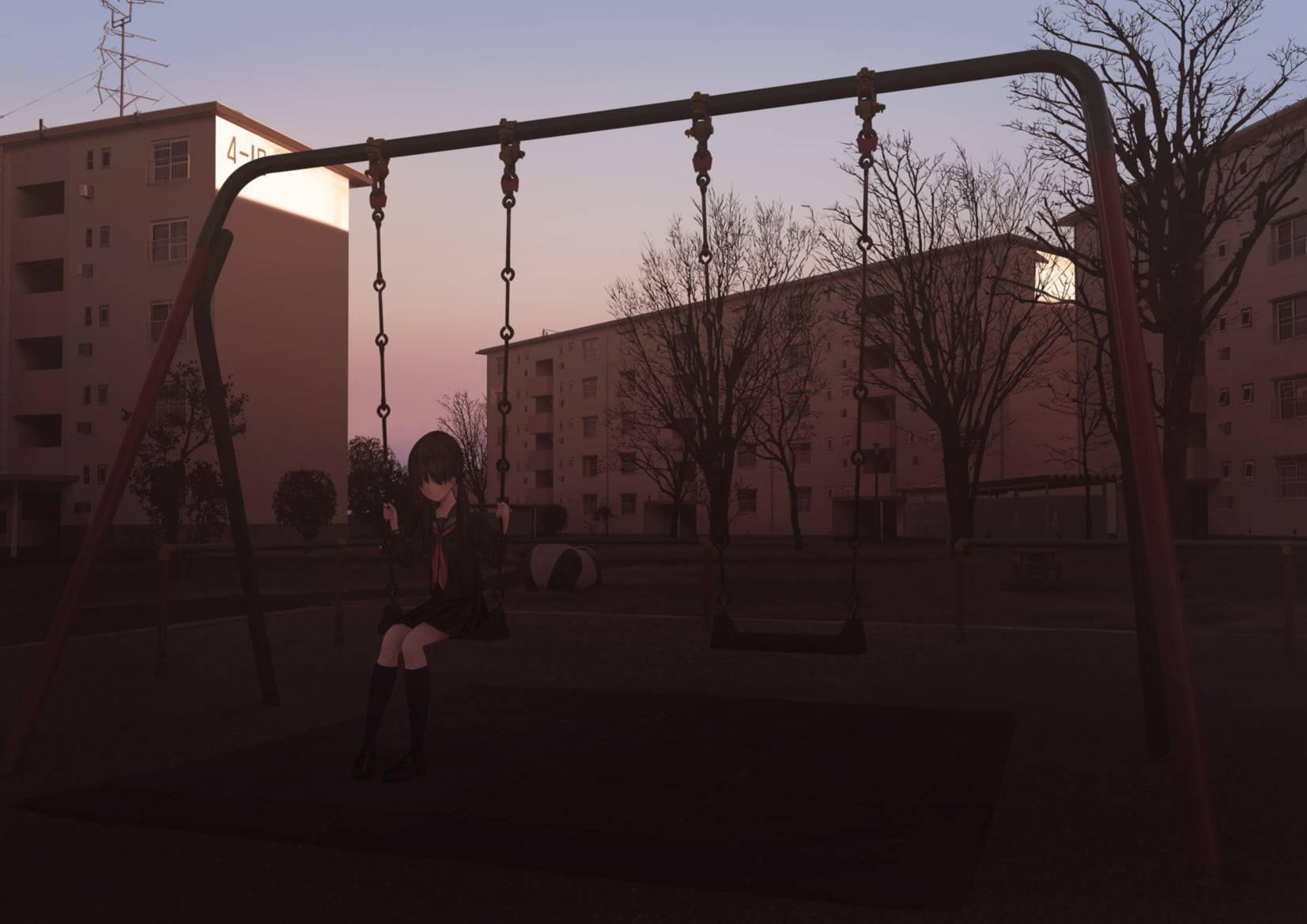 anime girl, swing, urban playground, HD Desktop Wallpaper