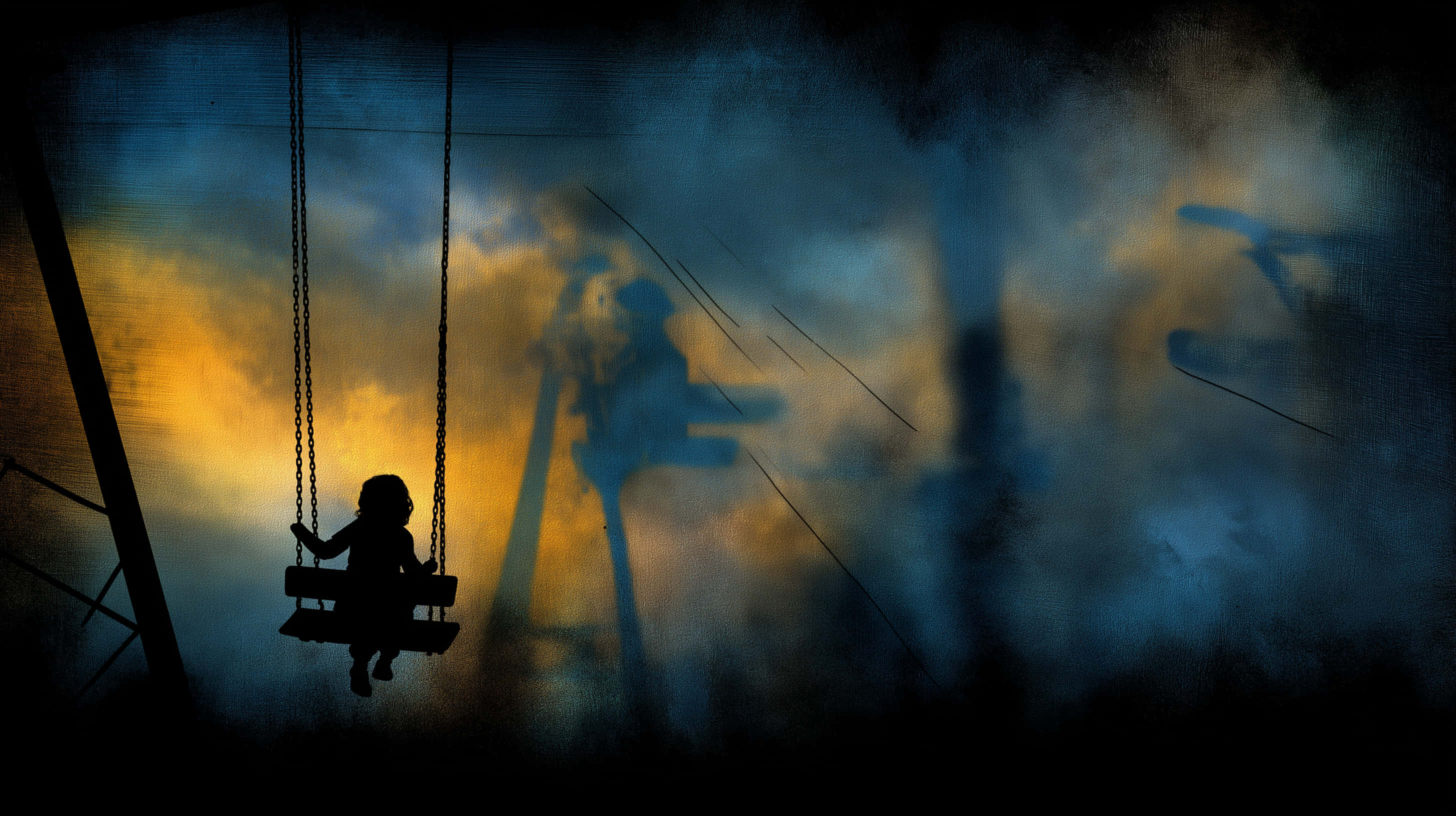 child, swing, distorted playground, 2K Desktop Wallpaper