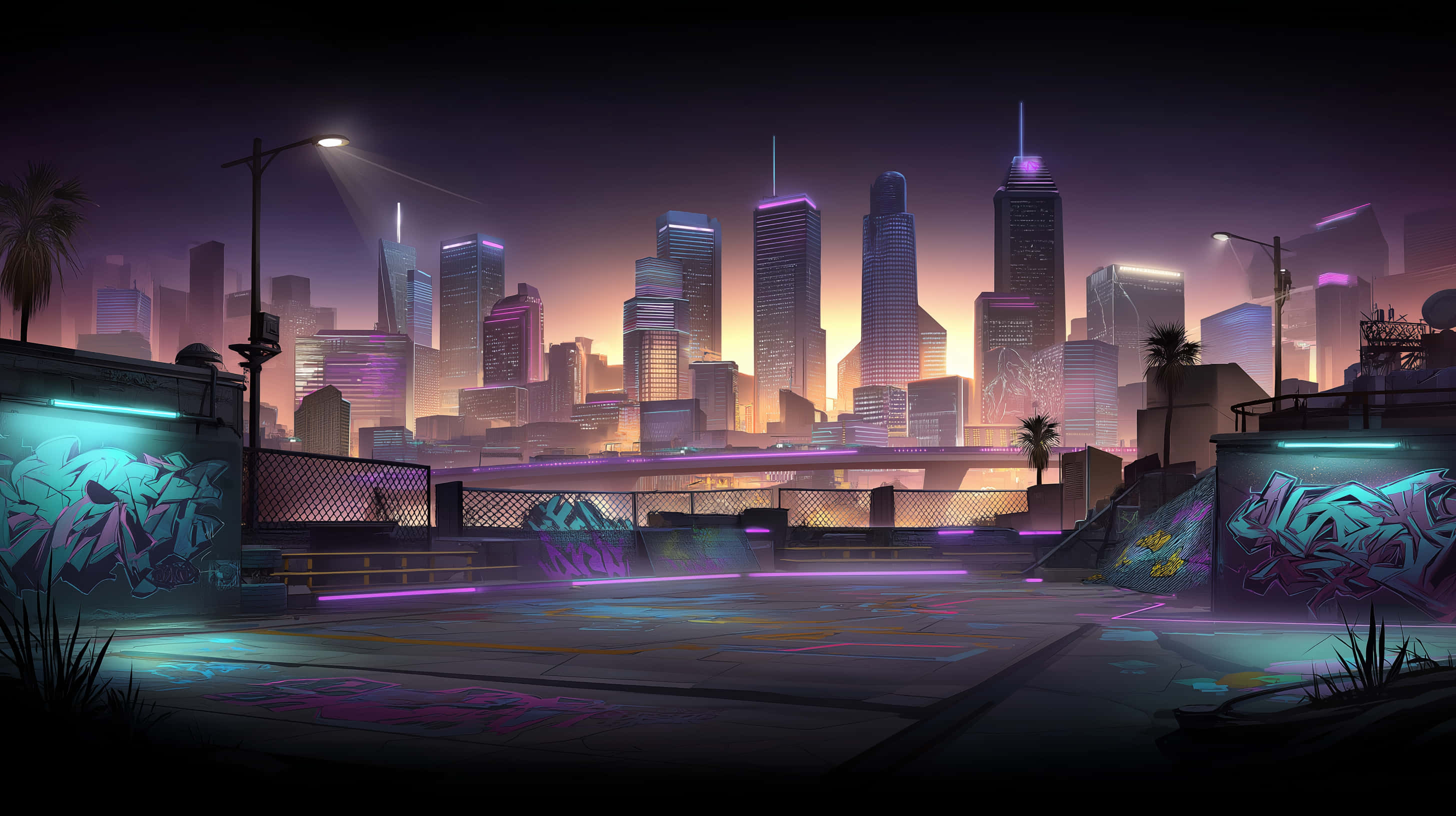 neon-drenched urban alleyway, dusk, graffiti walls, 2K Desktop Wallpaper