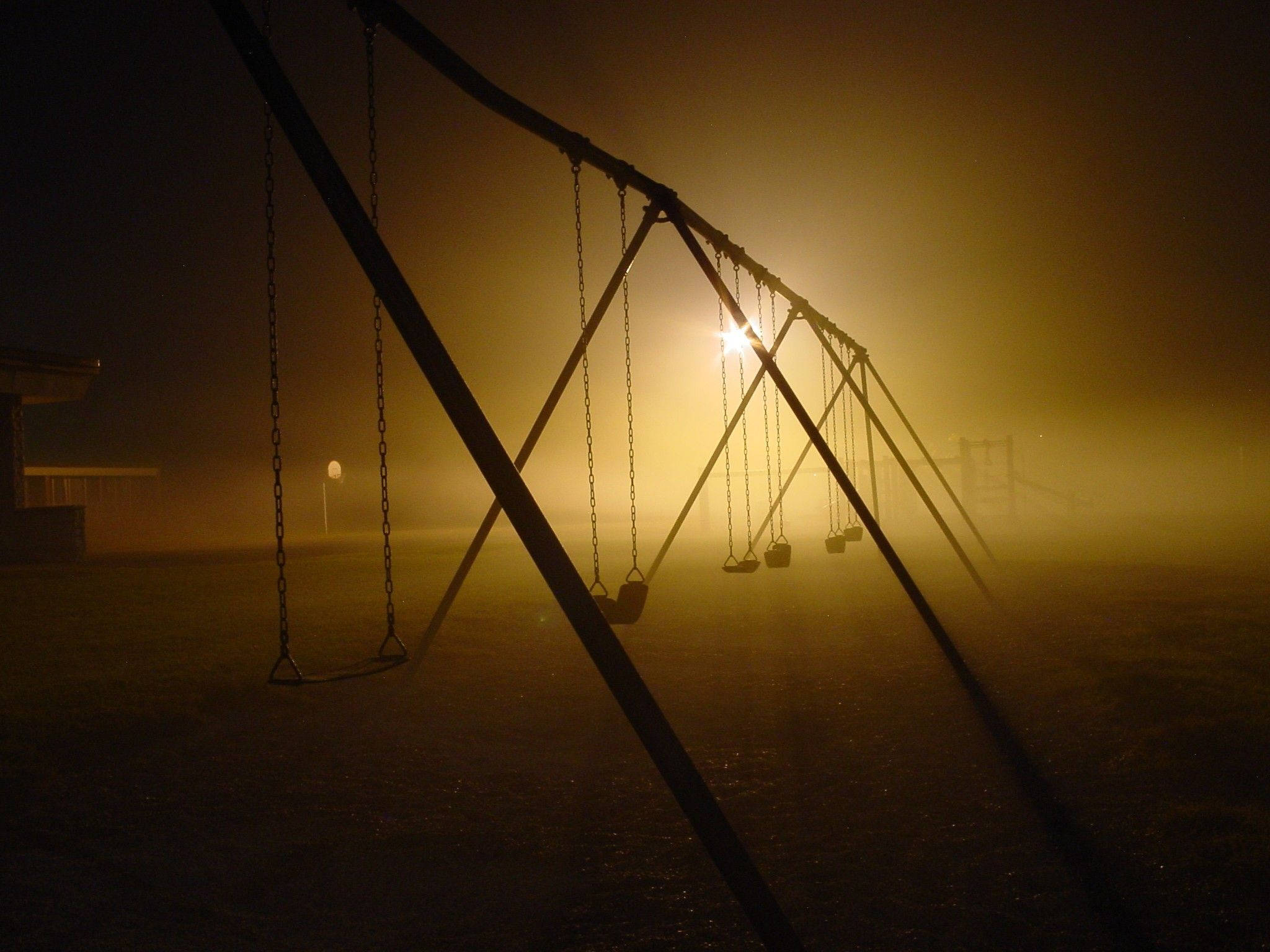 dark playground swing set, fog, night, Full HD Desktop Wallpaper