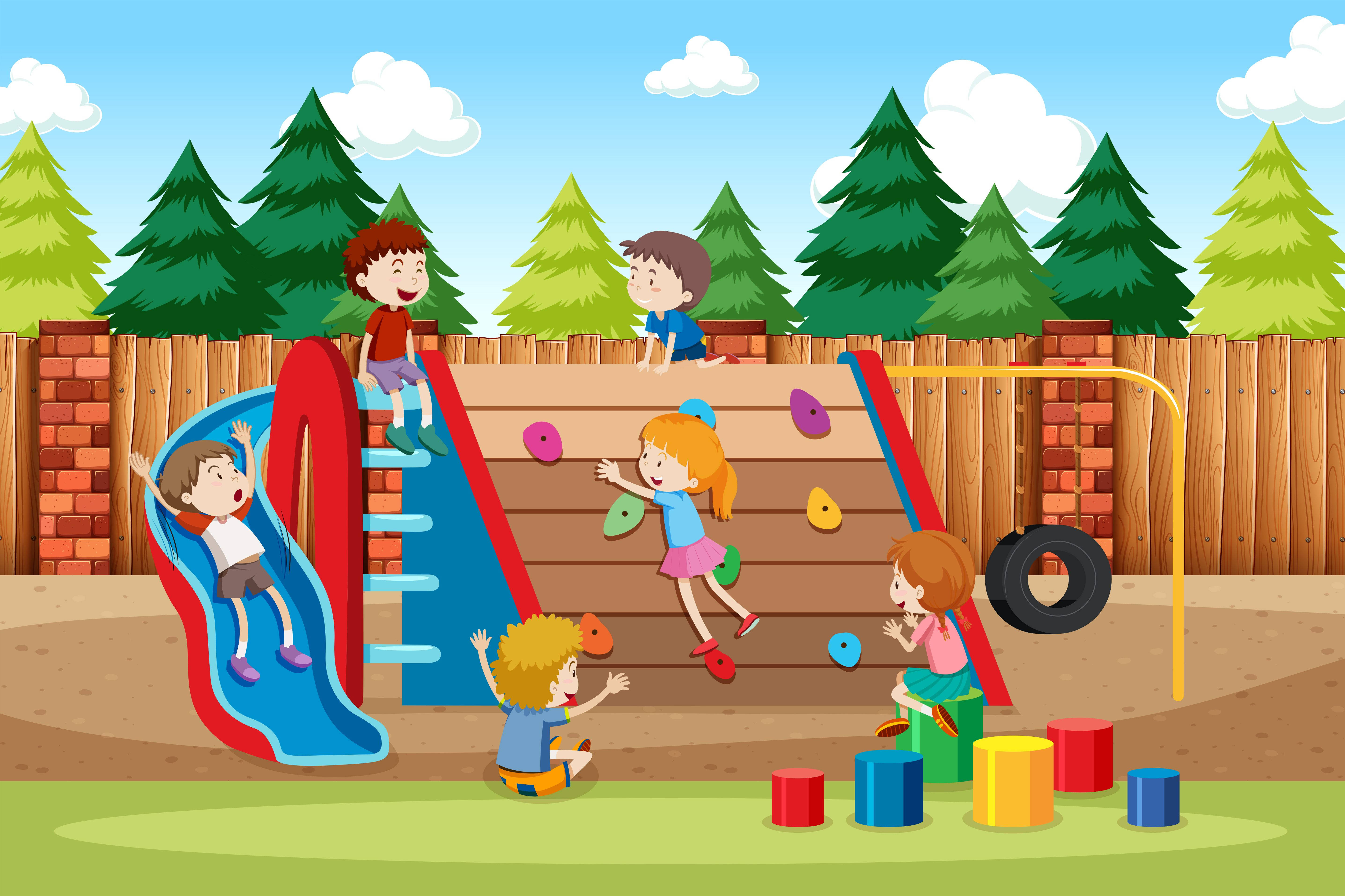 Playground, cartoon art, colorful playground slide, 5K Desktop Wallpaper