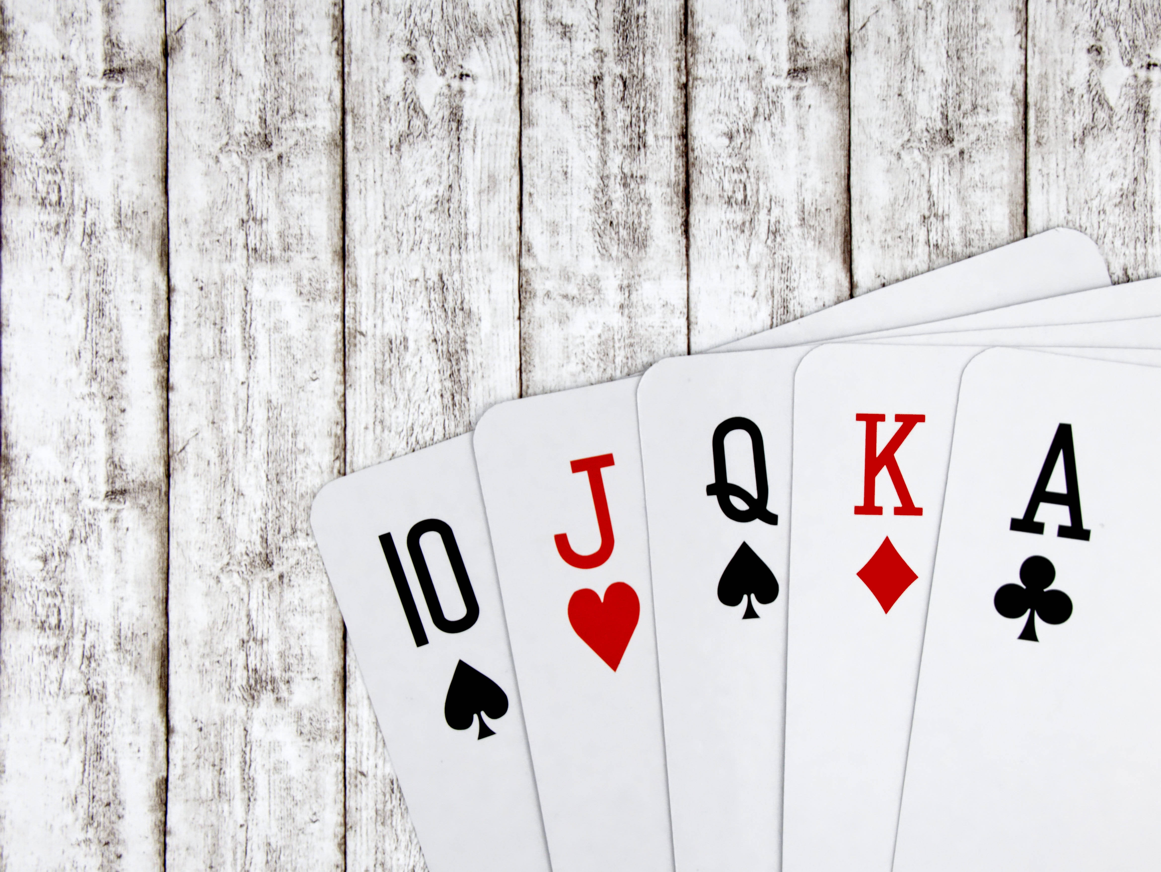 playing cards, royal flush, weathered white wooden surface, 4K Desktop Wallpaper