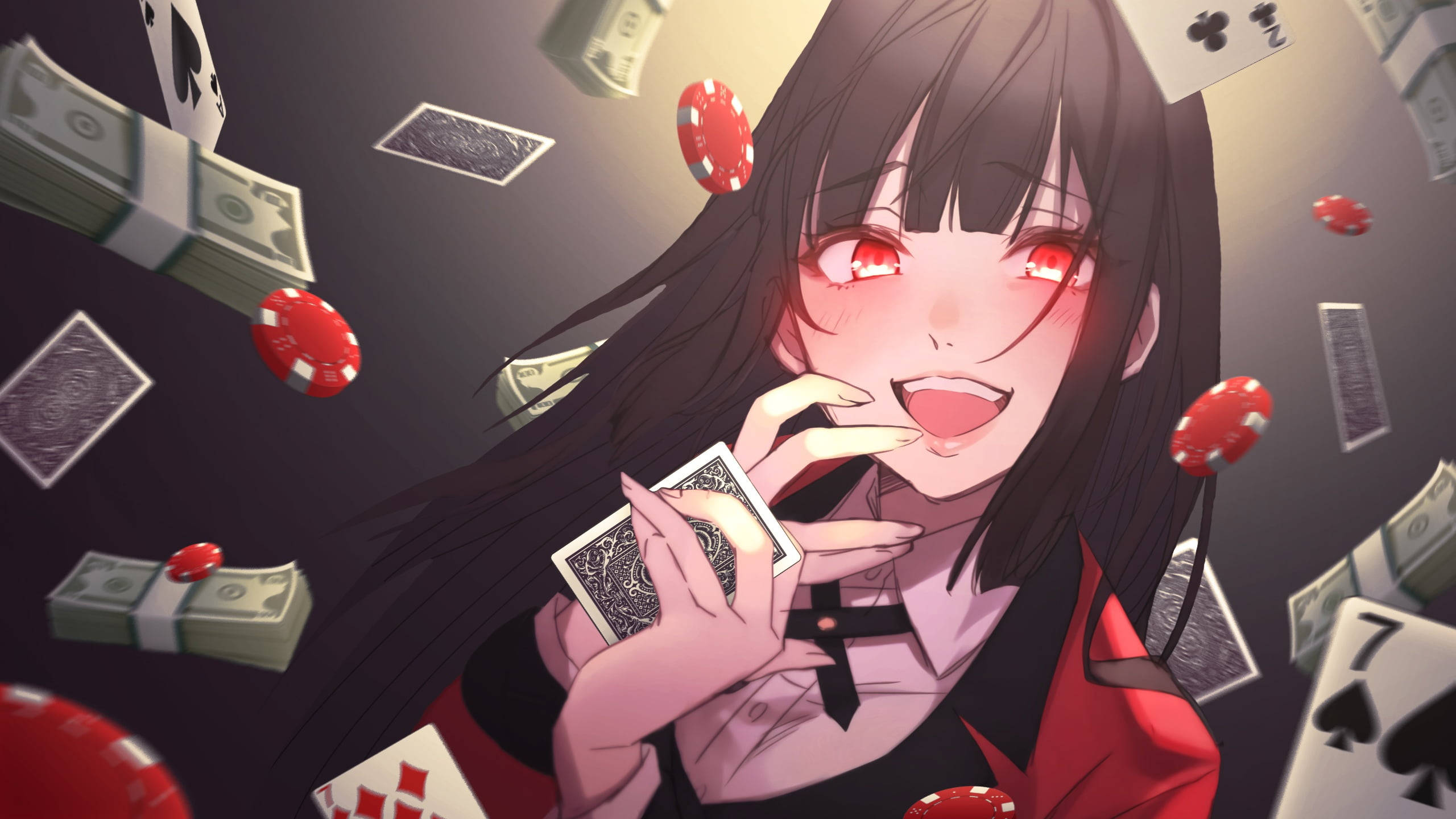 anime girl, red eyes, cards, 2K Desktop Wallpaper