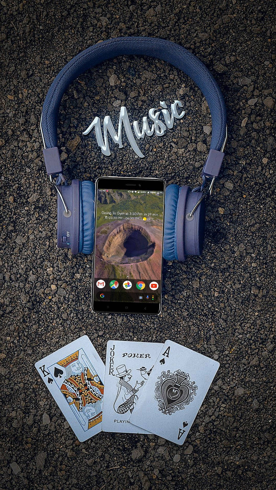 blue headphones, smartphone, canyon scene, Full HD Phone Wallpaper