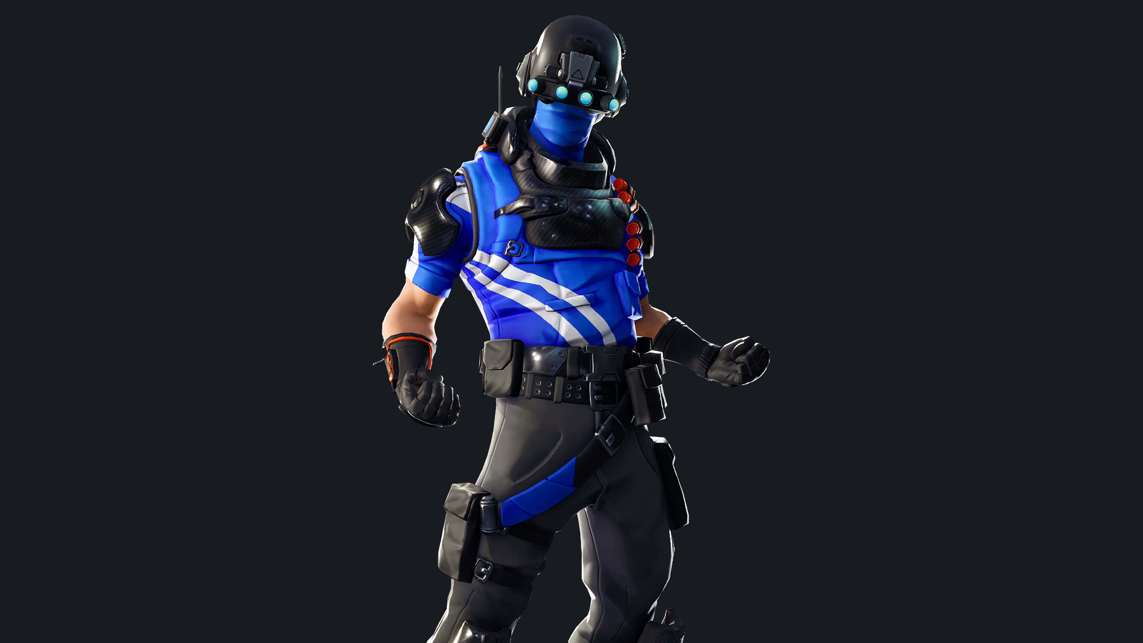 PlayStation 4K, futuristic blue and black armored character, glowing eyes, 4K Desktop Wallpaper