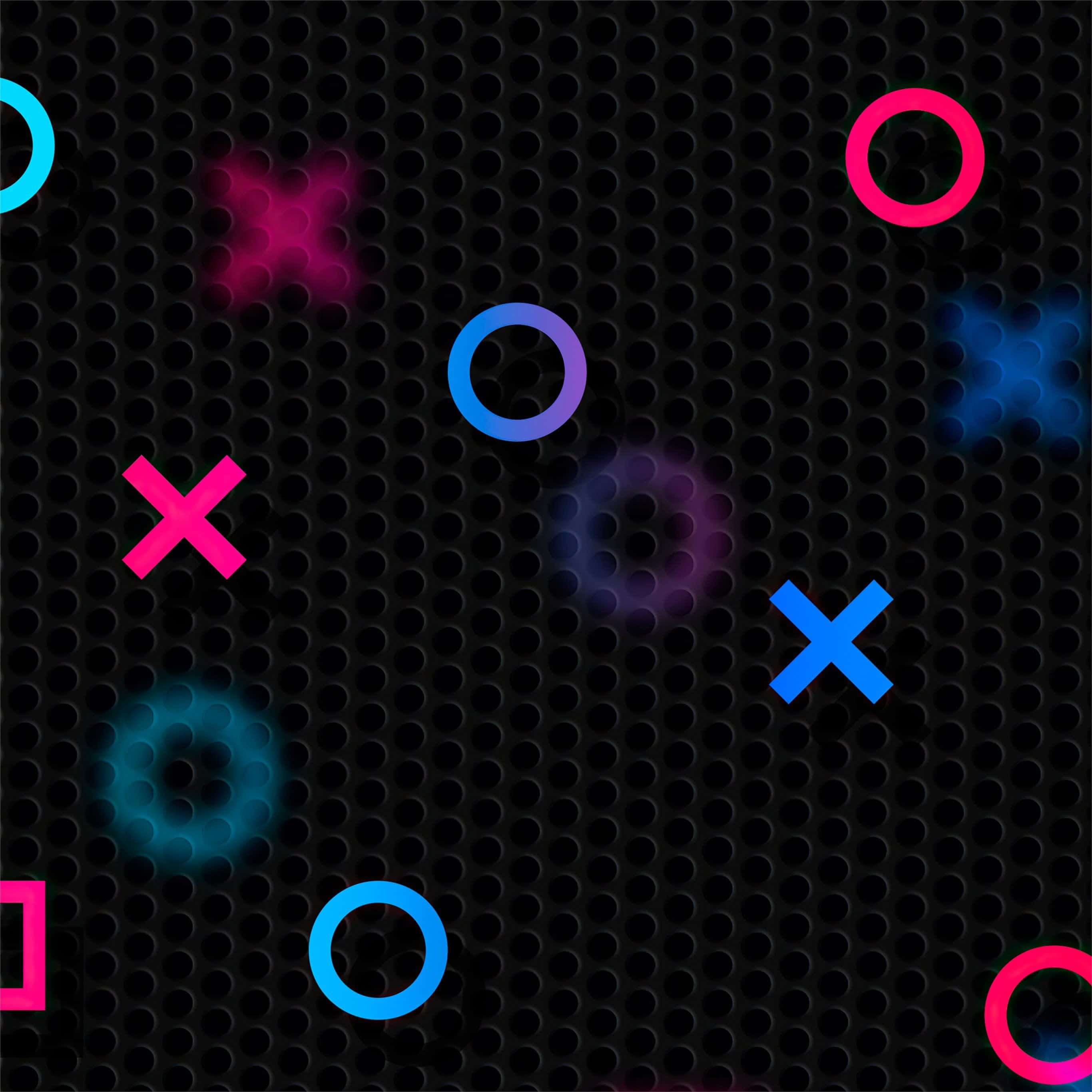 PlayStation 4K, neon game controller symbols, dark perforated metal background, 2K Desktop Wallpaper